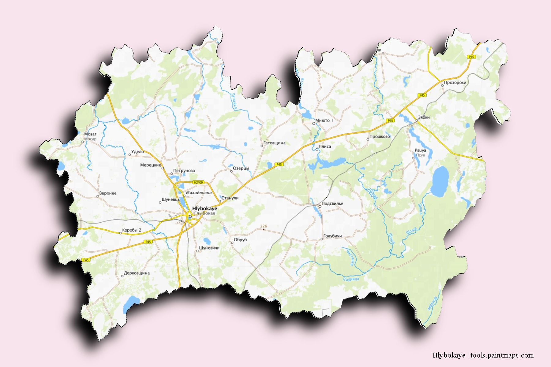 Mapa de barrios y pueblos de Hlybokaye con efecto de sombra 3D