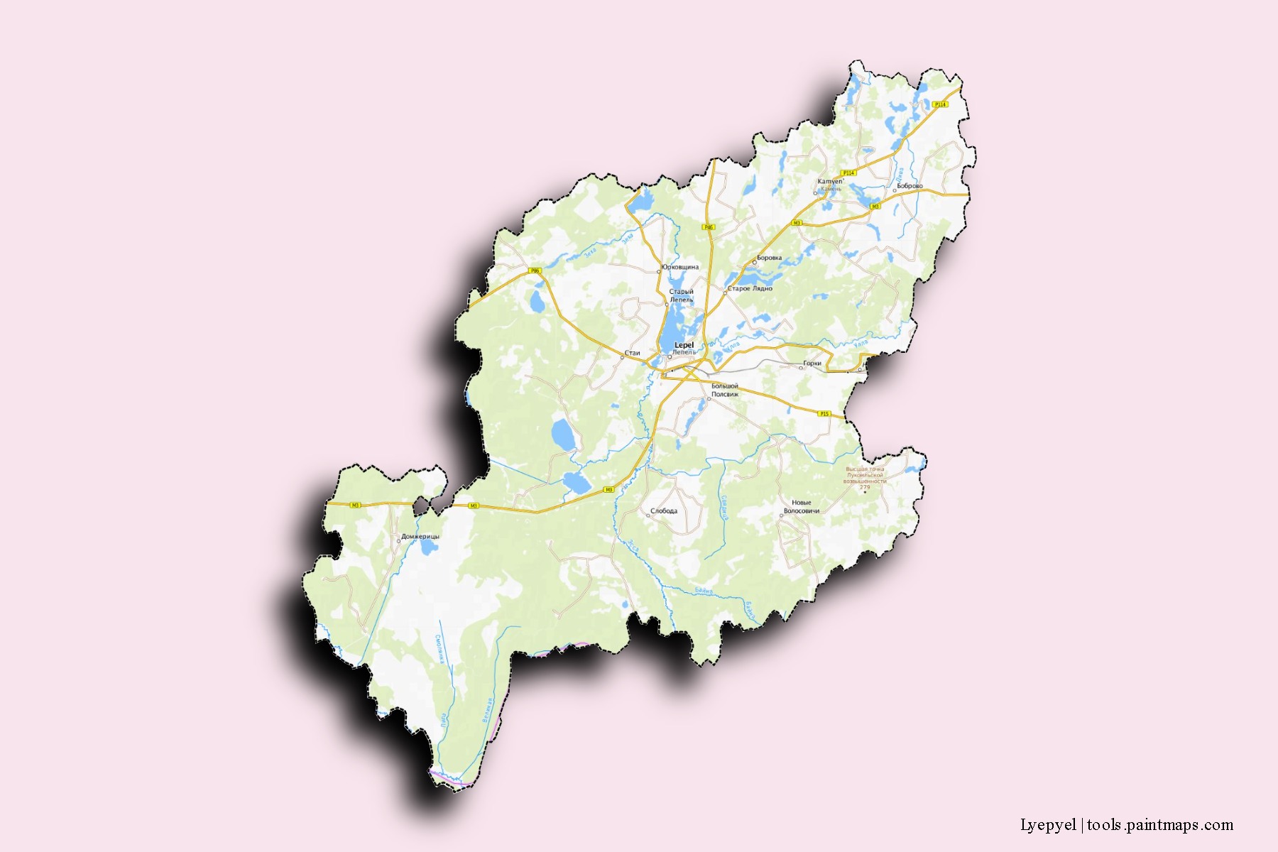 Mapa de barrios y pueblos de Lyepyel con efecto de sombra 3D