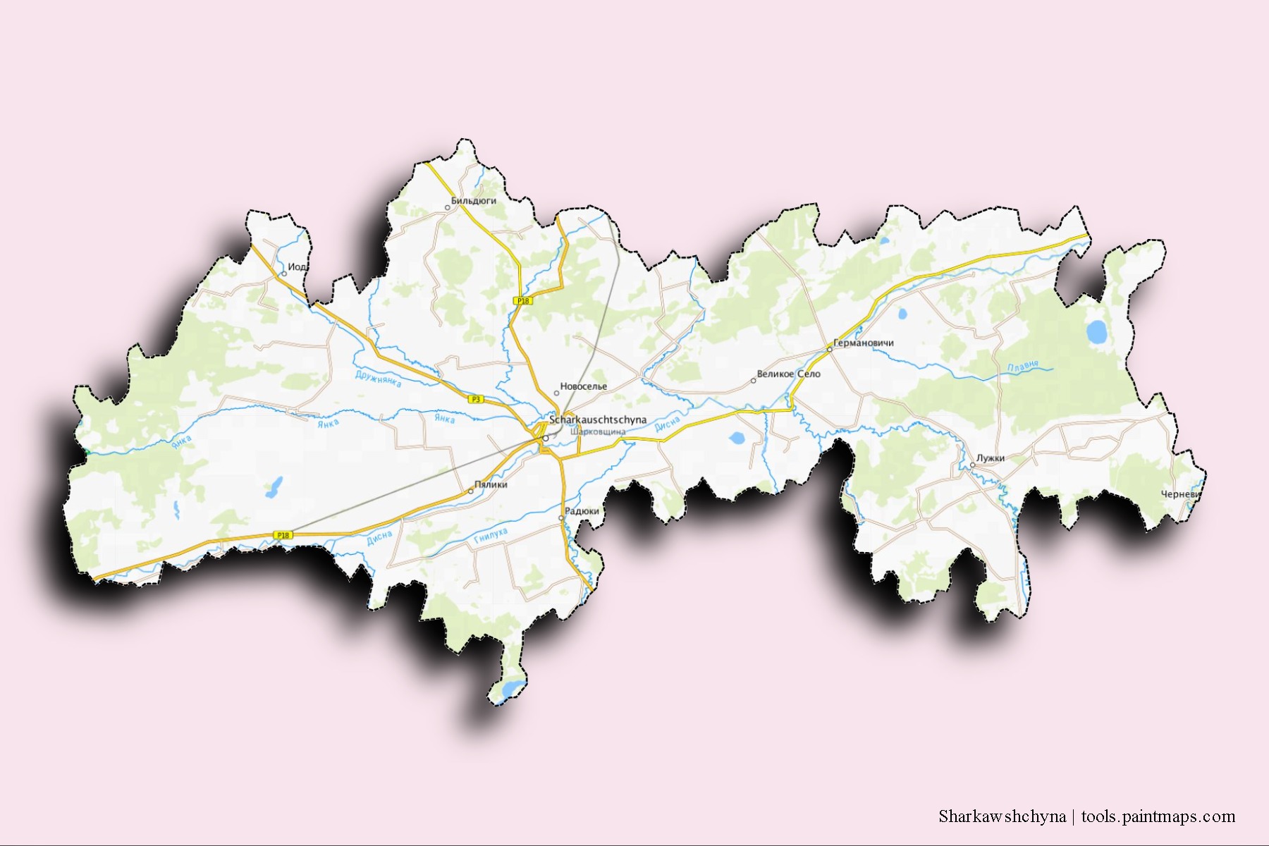 Sharkawshchyna neighborhoods and villages map with 3D shadow effect