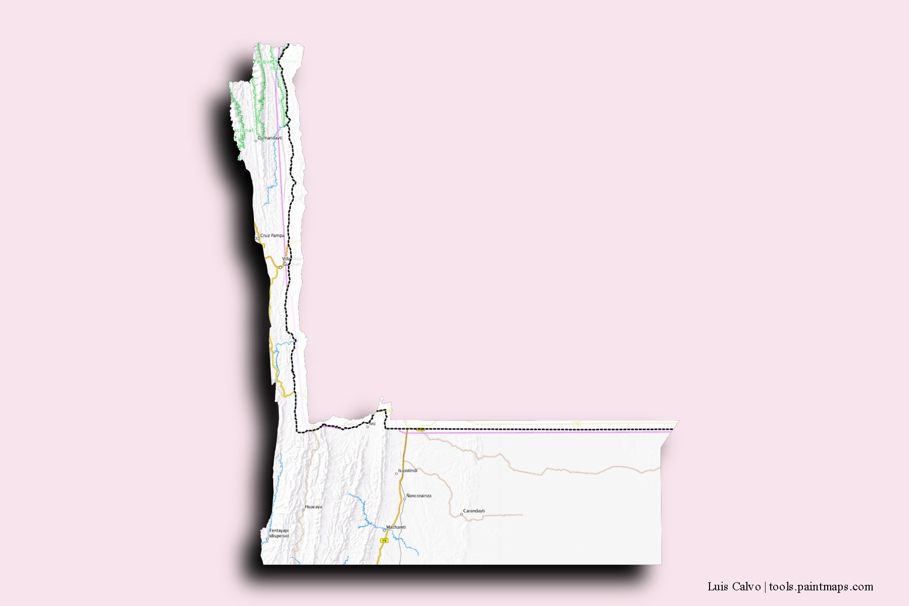 Mapa de barrios y pueblos de Luis Calvo con efecto de sombra 3D