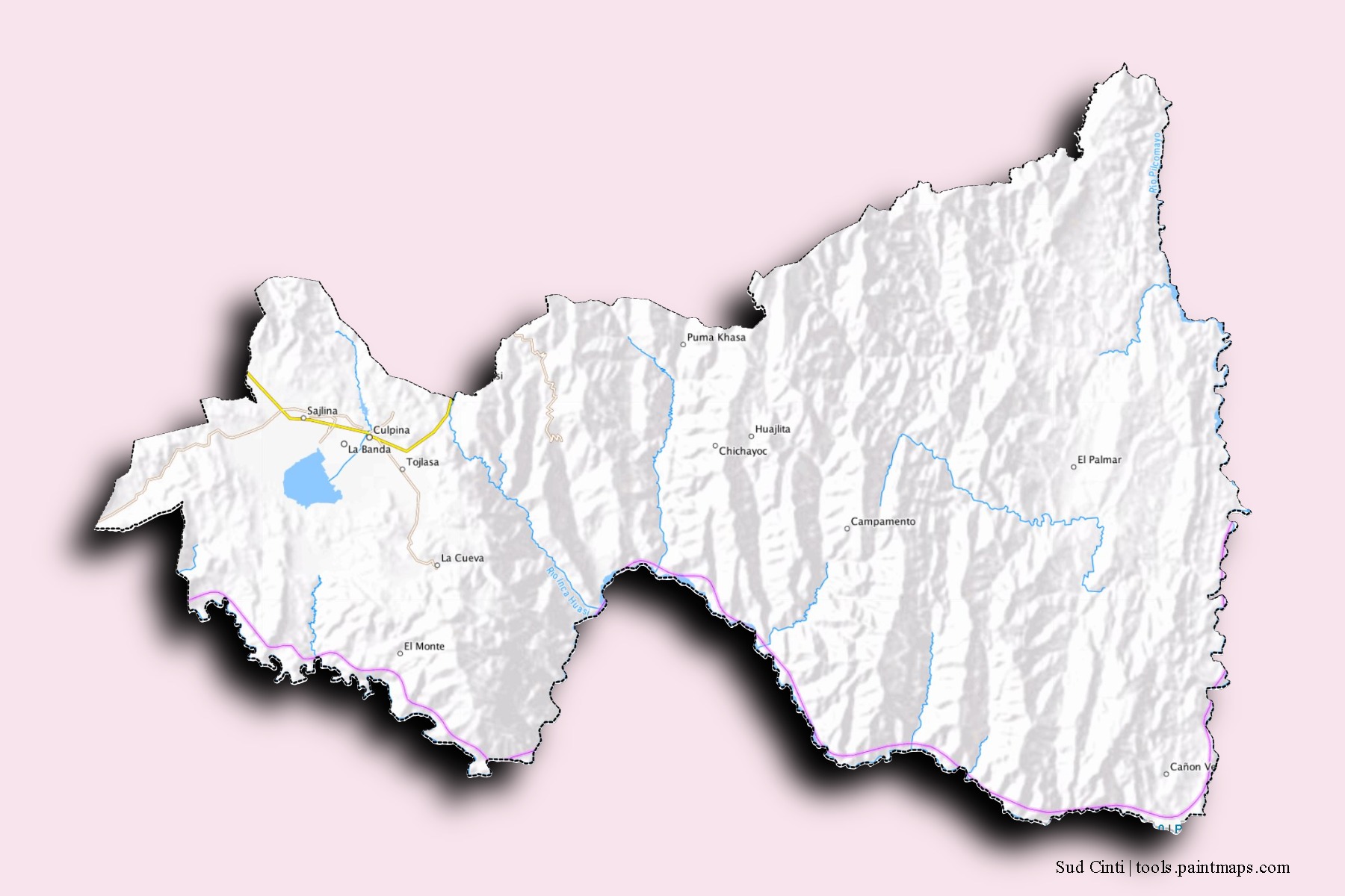 Mapa de barrios y pueblos de Sud Cinti con efecto de sombra 3D