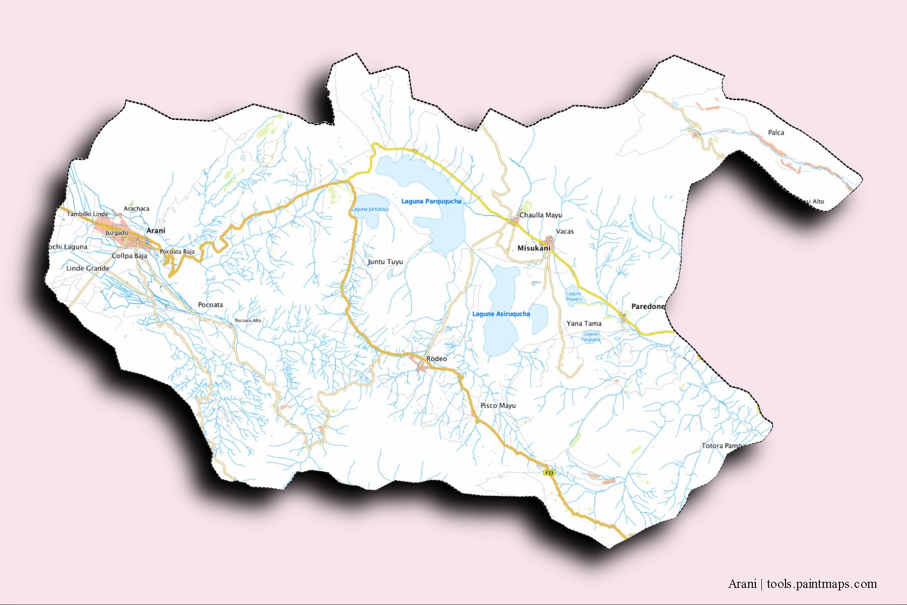 Mapa de barrios y pueblos de Arani con efecto de sombra 3D