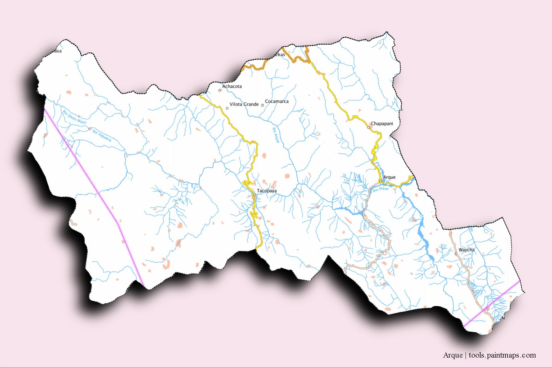 Mapa de barrios y pueblos de Arque con efecto de sombra 3D