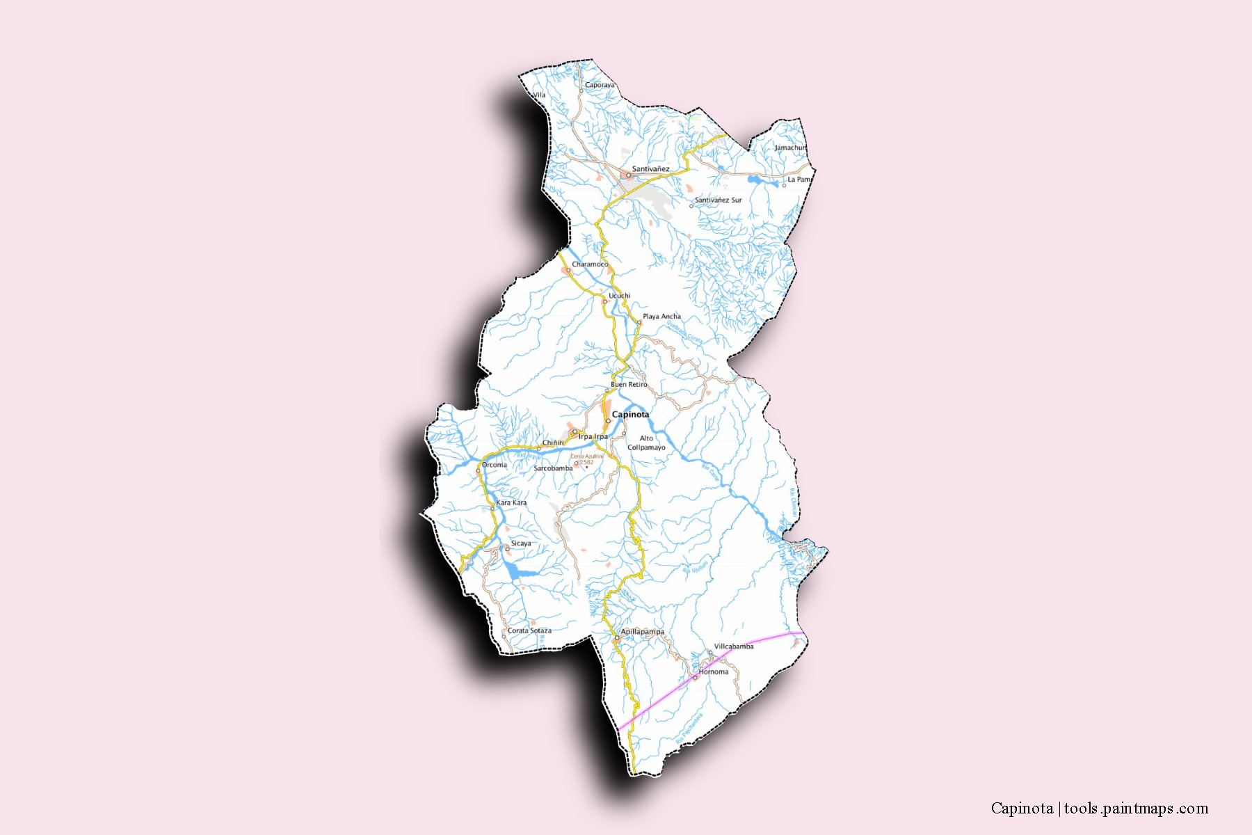 Mapa de barrios y pueblos de Capinota con efecto de sombra 3D