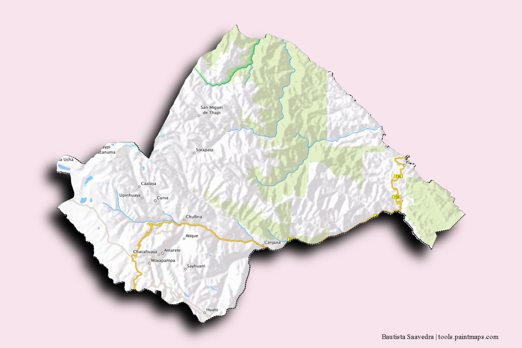 Mapa de barrios y pueblos de Bautista Saavedra con efecto de sombra 3D