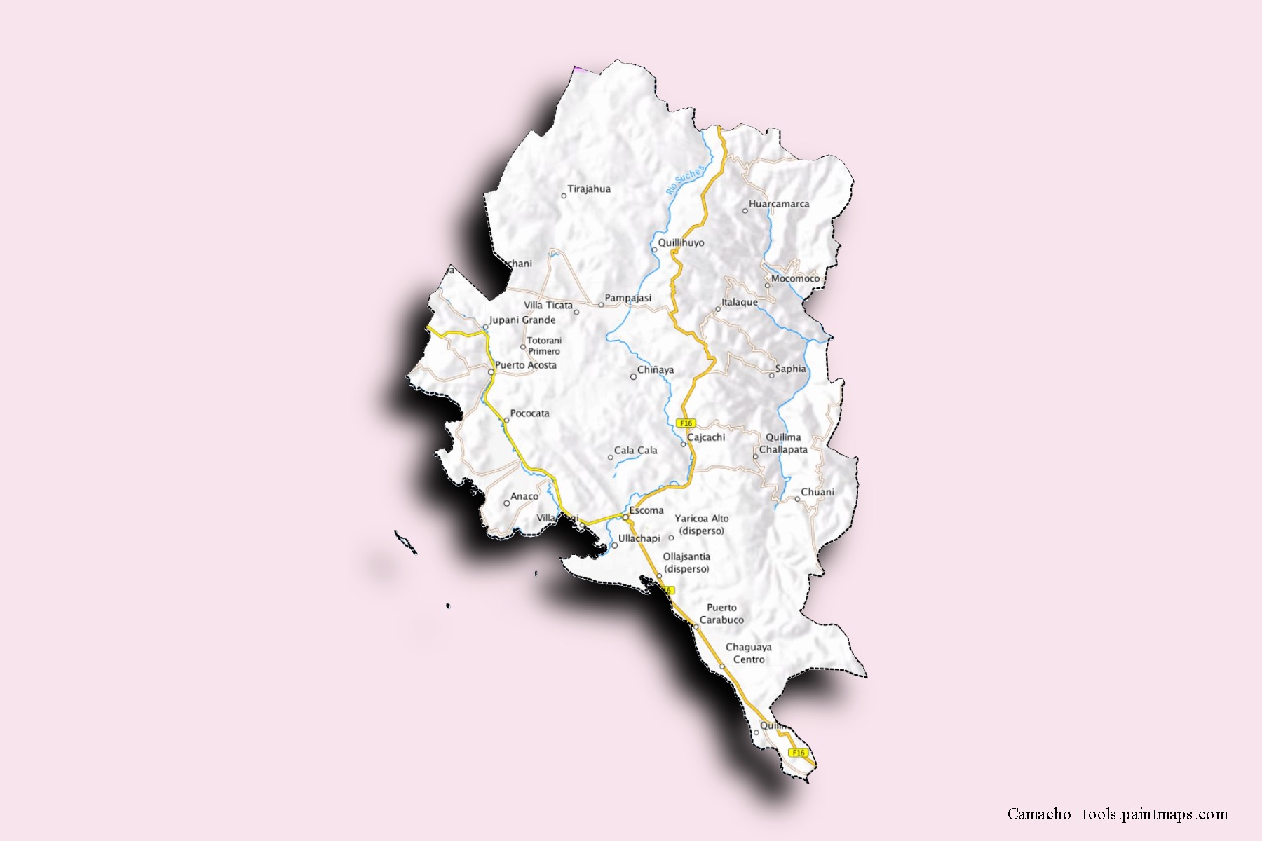 Camacho neighborhoods and villages map with 3D shadow effect