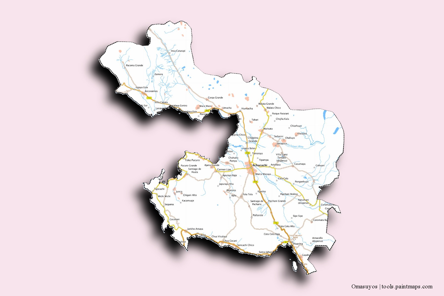 Mapa de barrios y pueblos de Omasuyos con efecto de sombra 3D