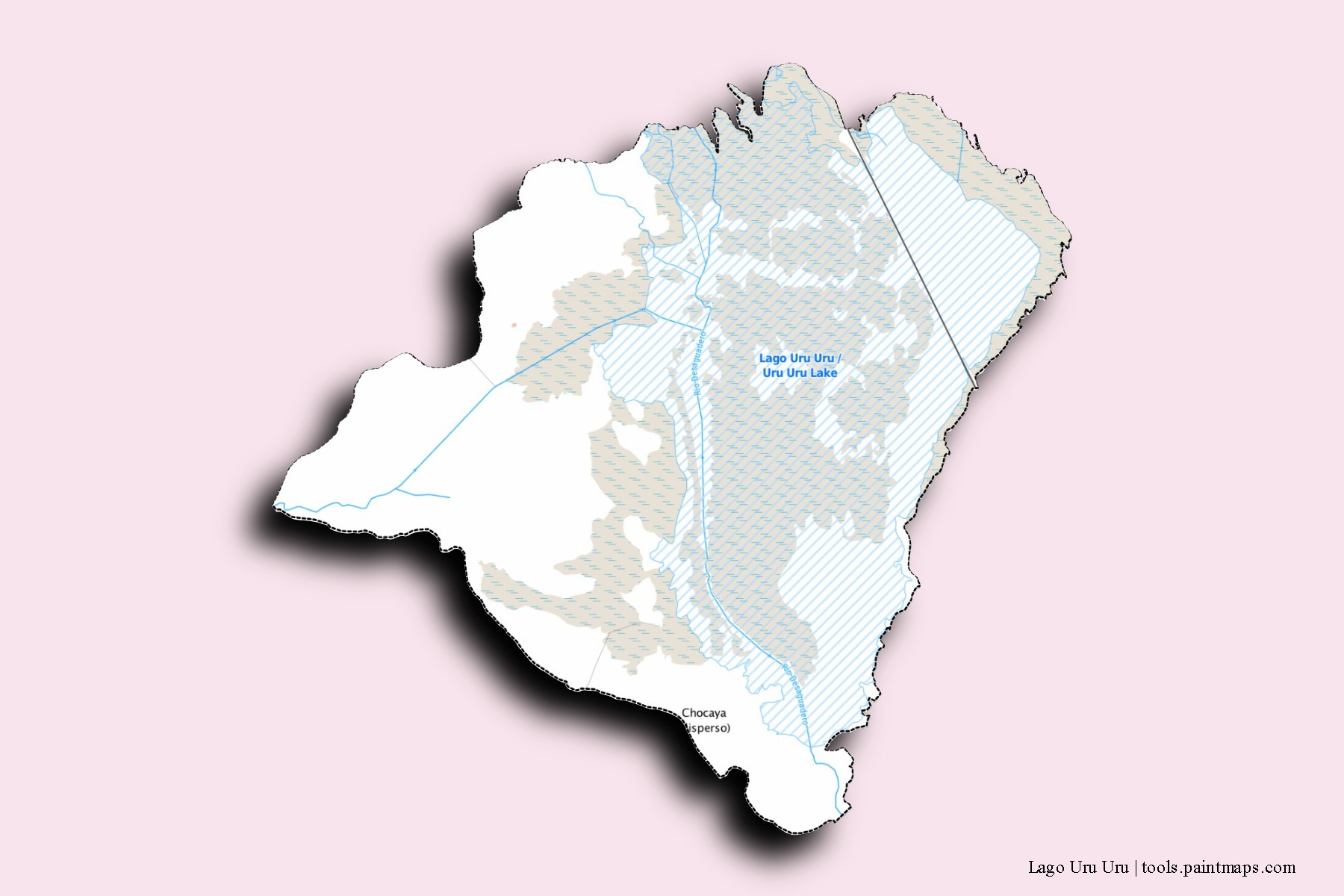 Lago Uru Uru neighborhoods and villages map with 3D shadow effect