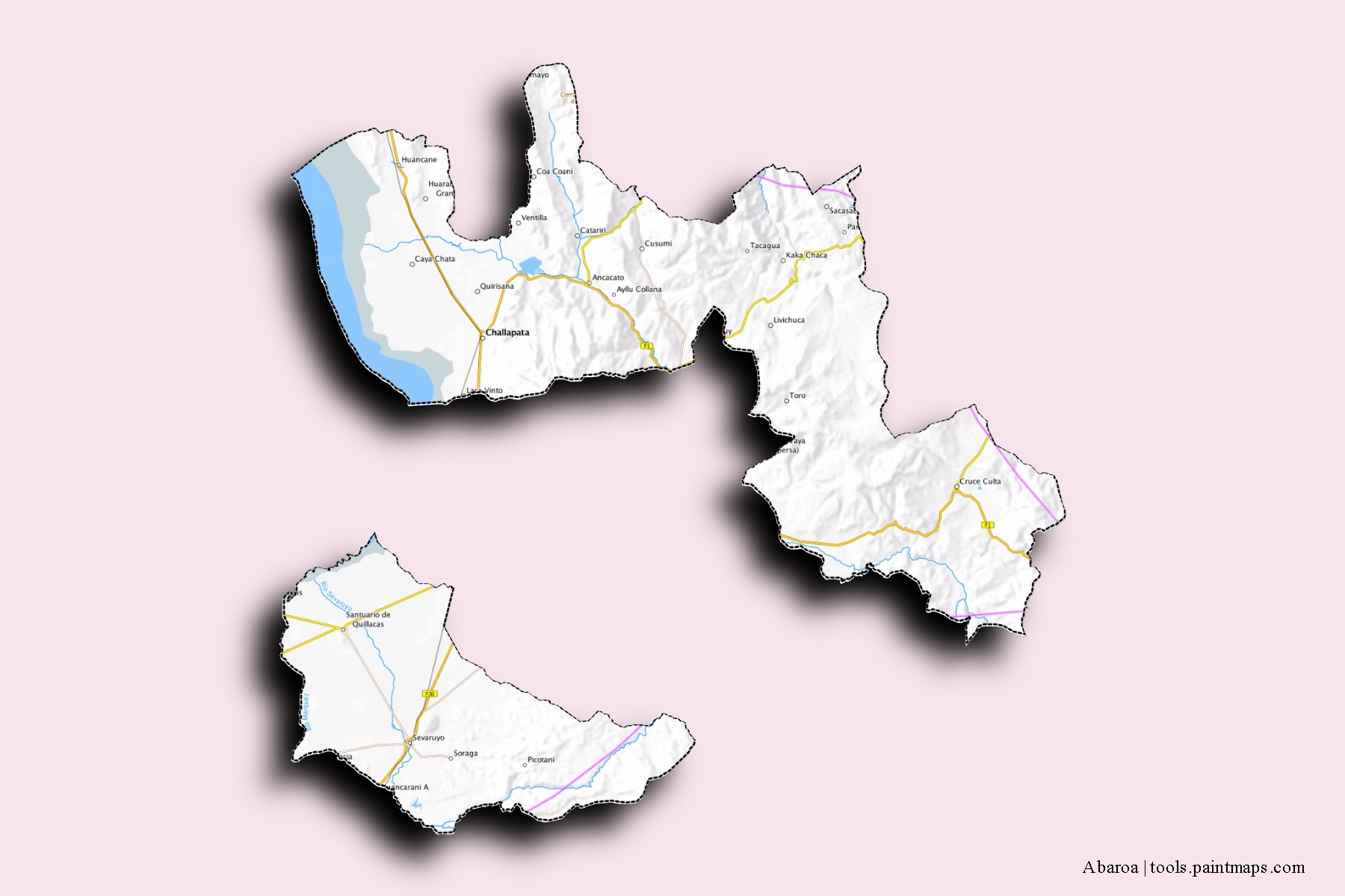 Mapa de barrios y pueblos de Abaroa con efecto de sombra 3D