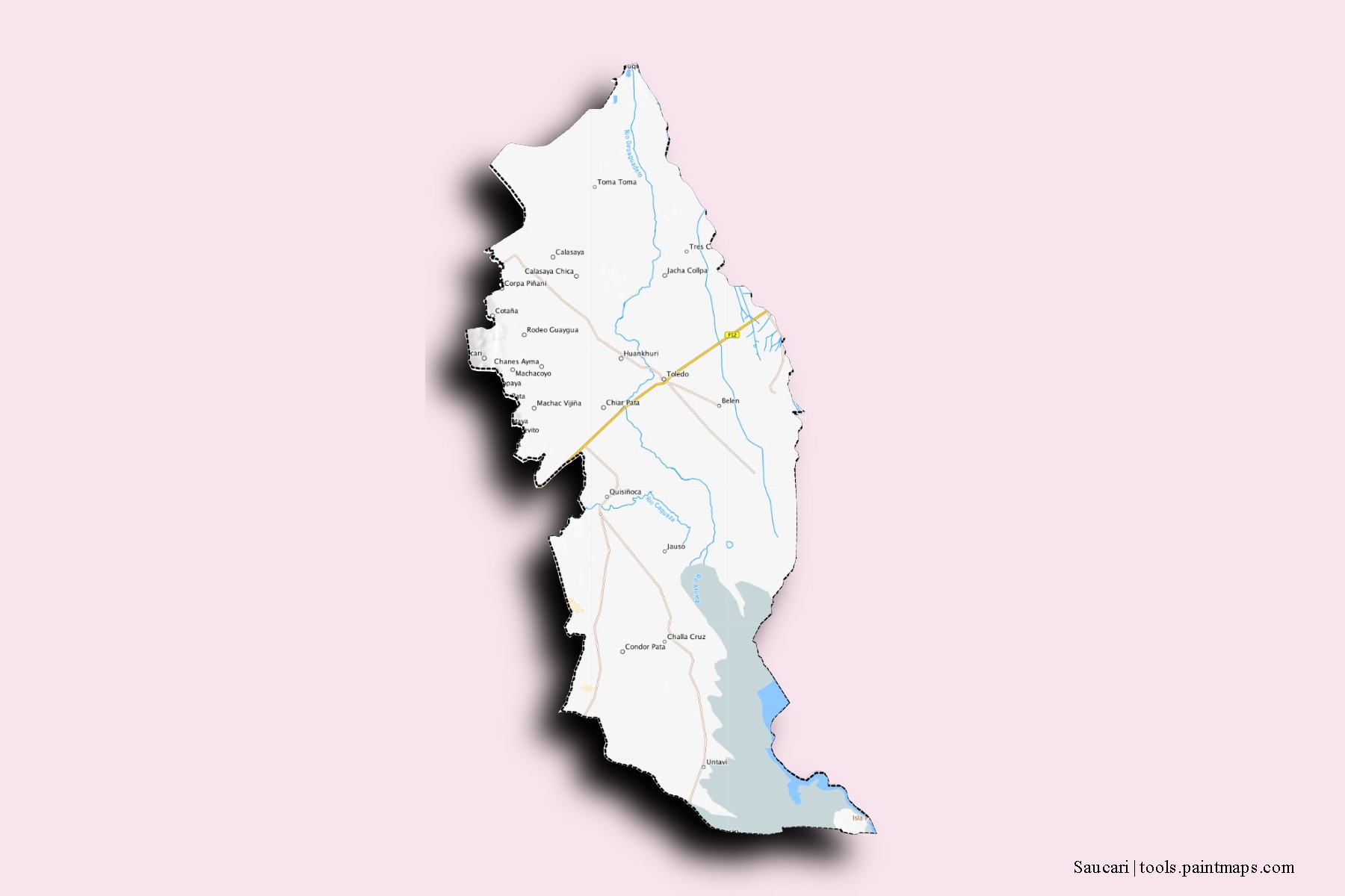 Mapa de barrios y pueblos de Saucari con efecto de sombra 3D