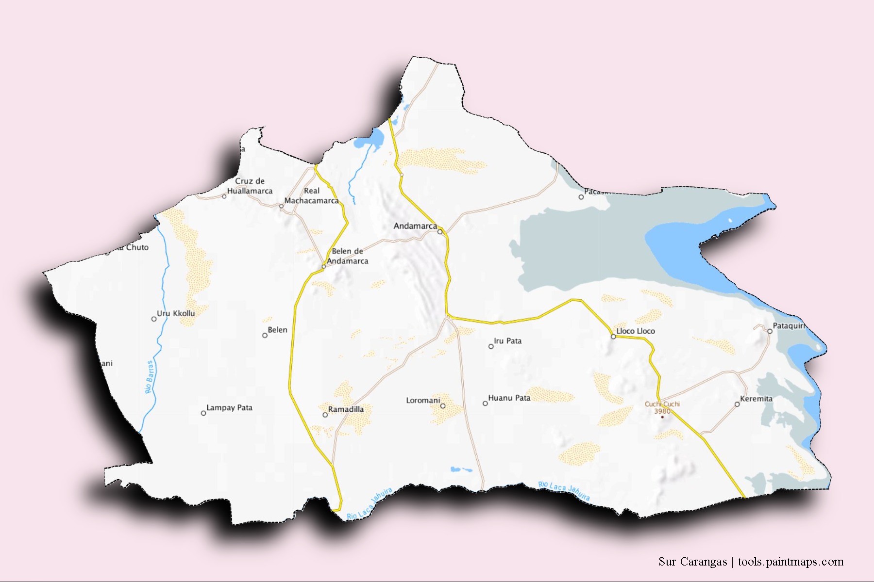 Sur Carangas neighborhoods and villages map with 3D shadow effect