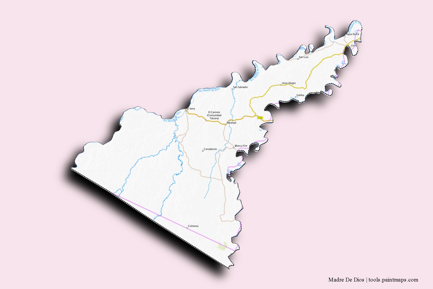 Mapa de barrios y pueblos de Madre De Dios con efecto de sombra 3D