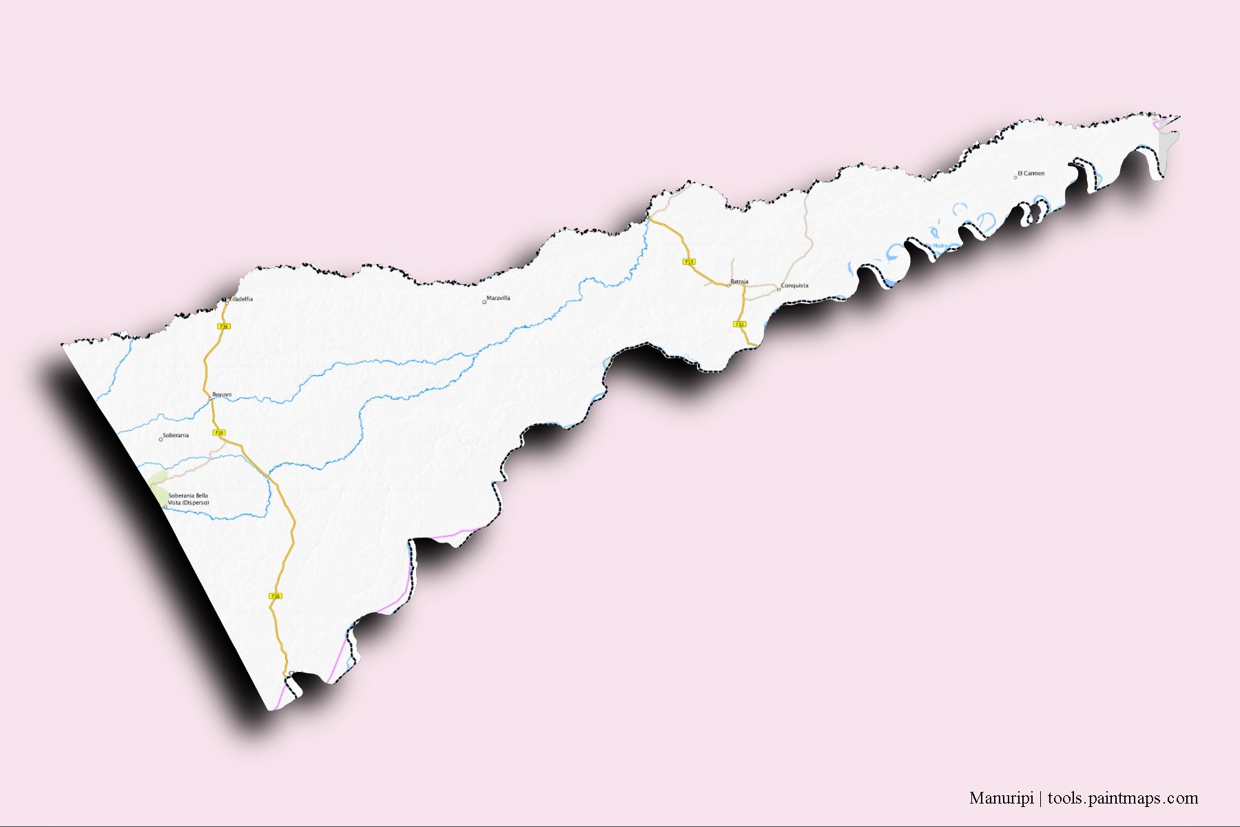 Manuripi neighborhoods and villages map with 3D shadow effect