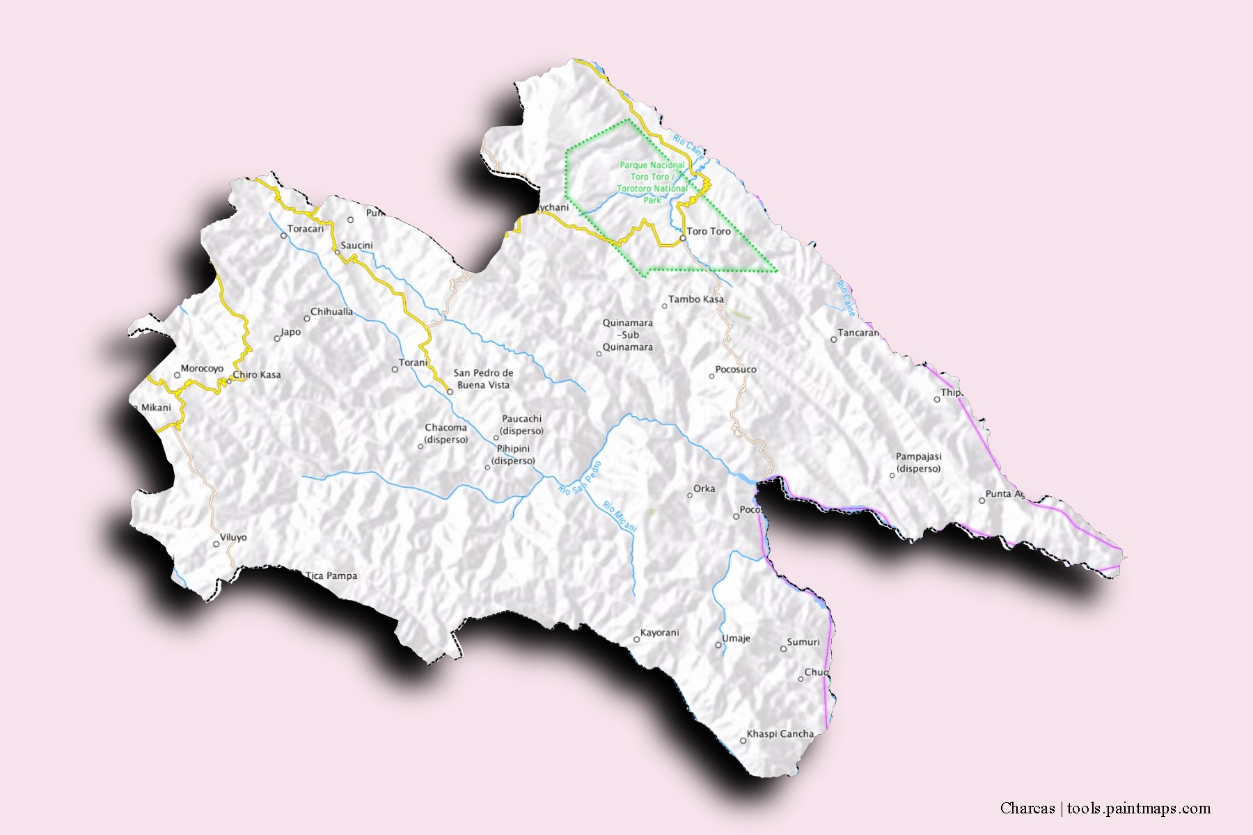 Charcas neighborhoods and villages map with 3D shadow effect