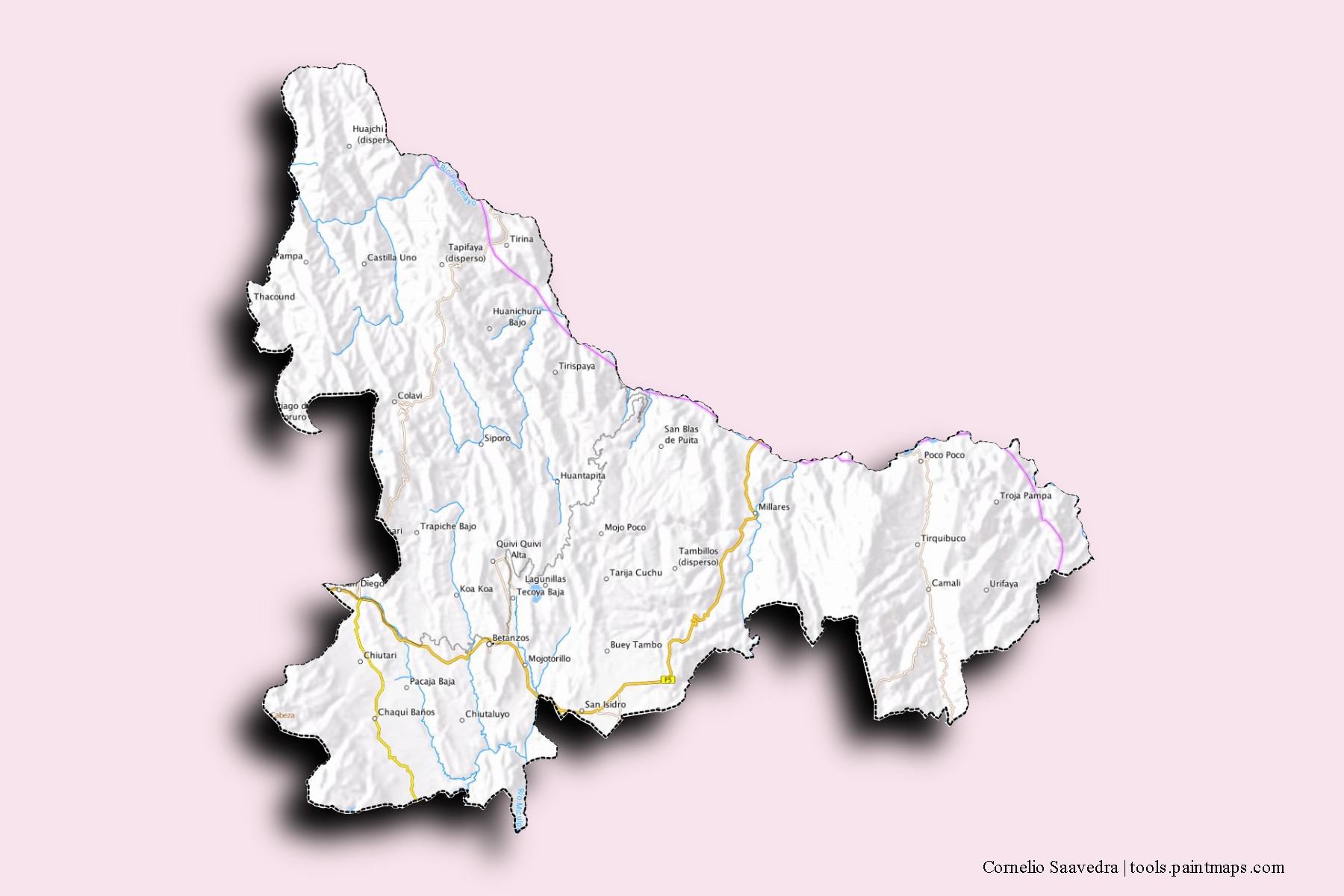 Cornelio Saavedra neighborhoods and villages map with 3D shadow effect