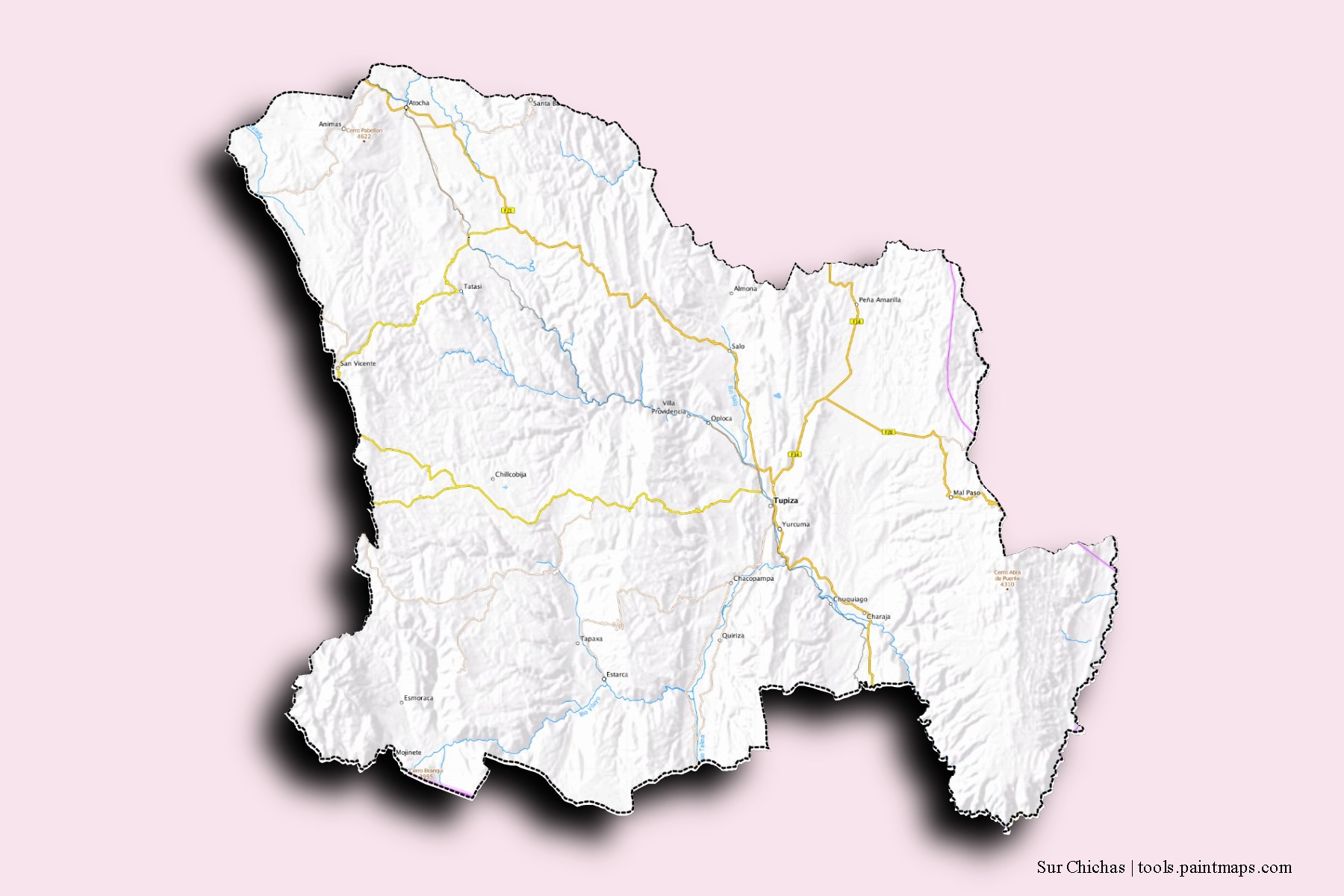 Mapa de barrios y pueblos de Sur Chichas con efecto de sombra 3D