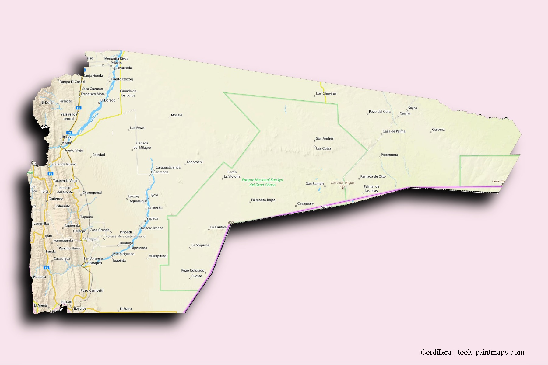 3D gölge efektli Cordillera mahalleleri ve köyleri haritası