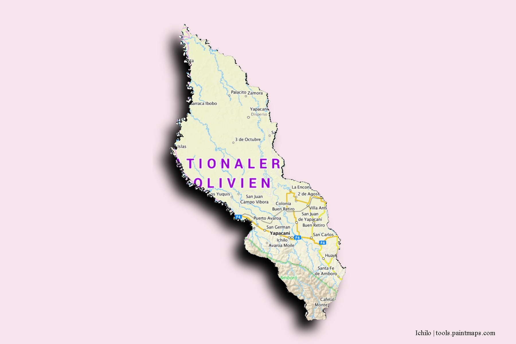 Mapa de barrios y pueblos de Ichilo con efecto de sombra 3D