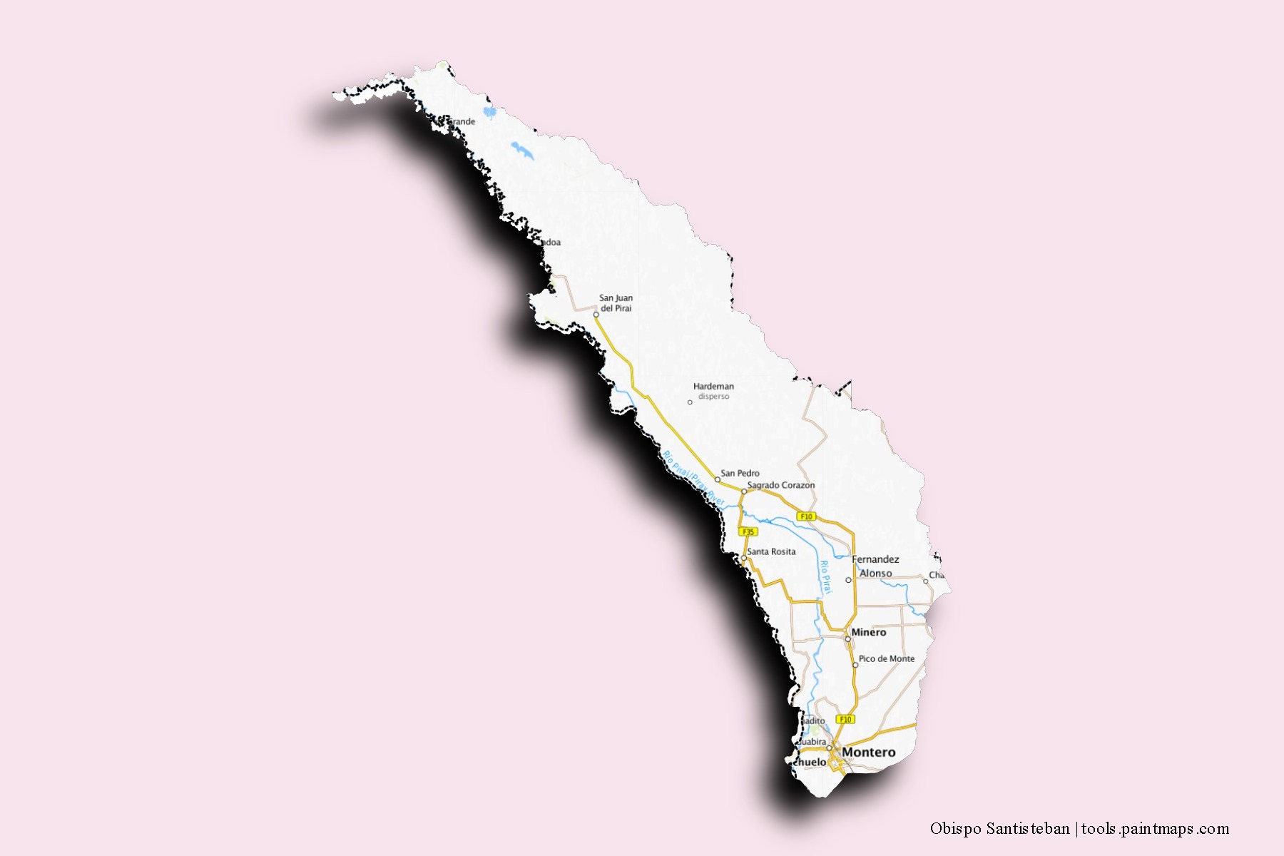 Obispo Santisteban neighborhoods and villages map with 3D shadow effect