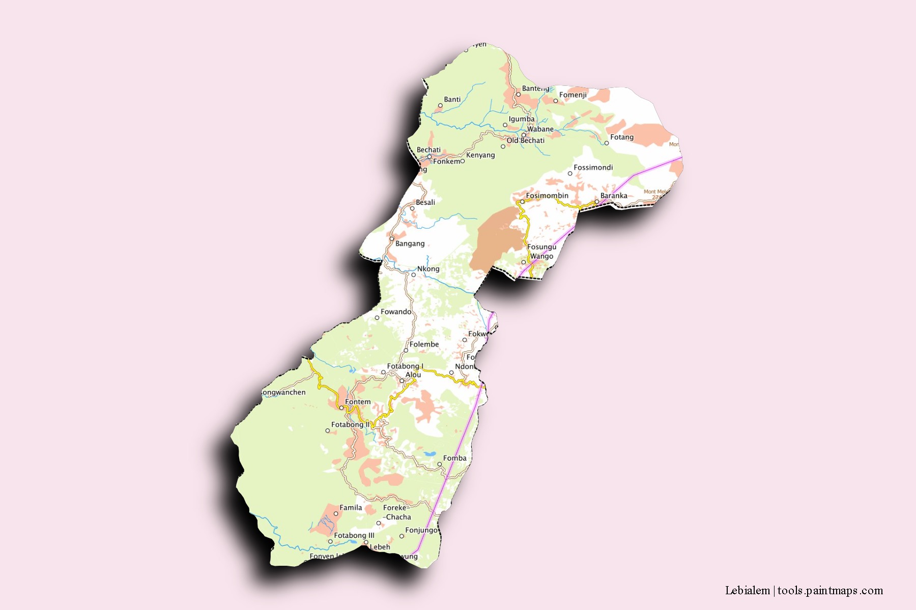 Lebialem neighborhoods and villages map with 3D shadow effect