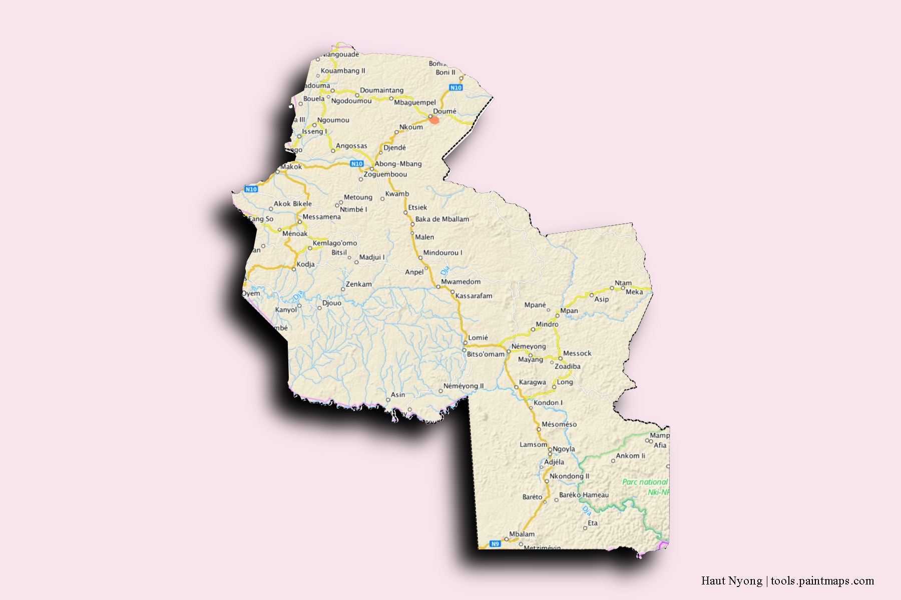 Mapa de barrios y pueblos de Haut Nyong con efecto de sombra 3D