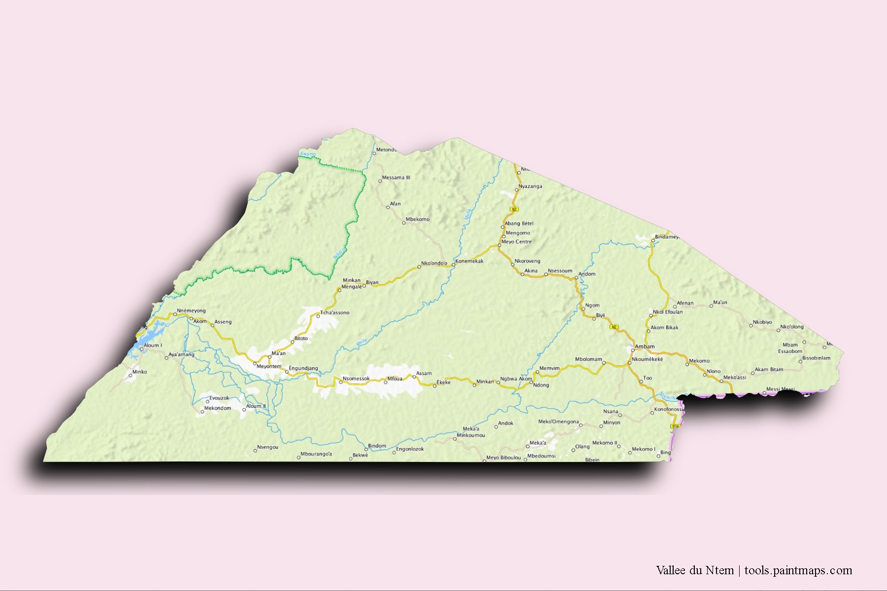 Mapa de barrios y pueblos de Vallee du Ntem con efecto de sombra 3D