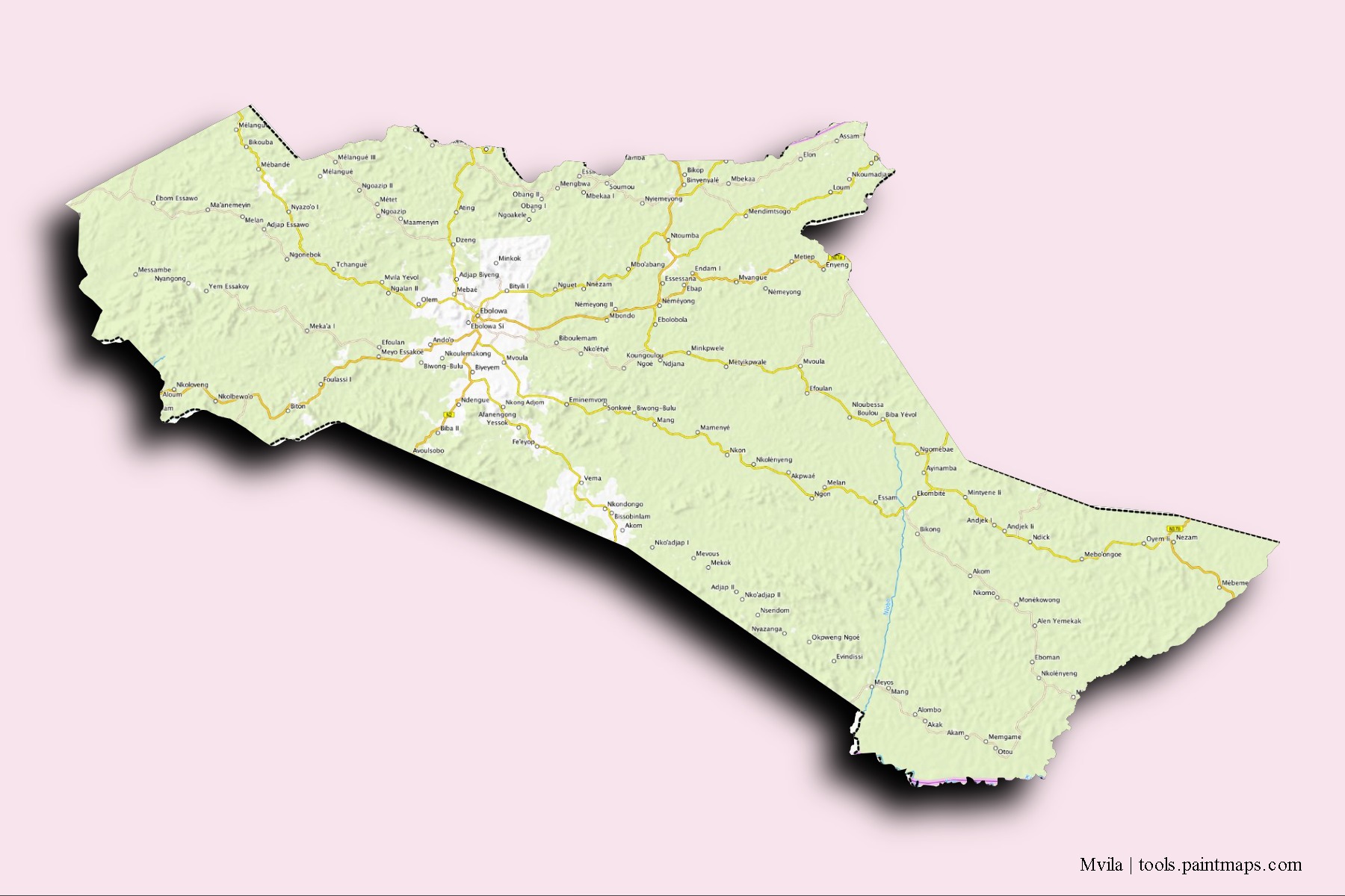 Mapa de barrios y pueblos de Mvila con efecto de sombra 3D