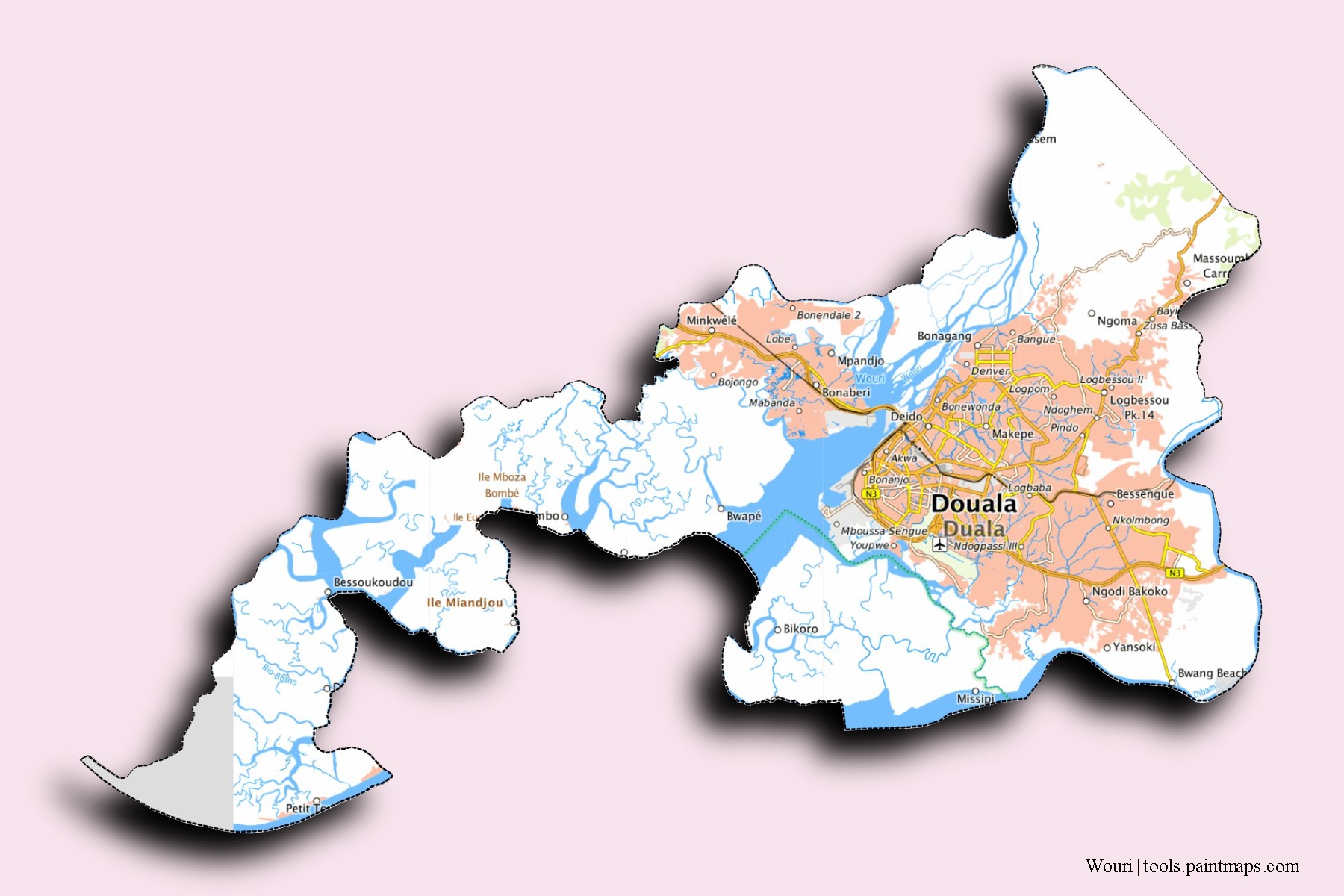 Mapa de barrios y pueblos de Wouri con efecto de sombra 3D