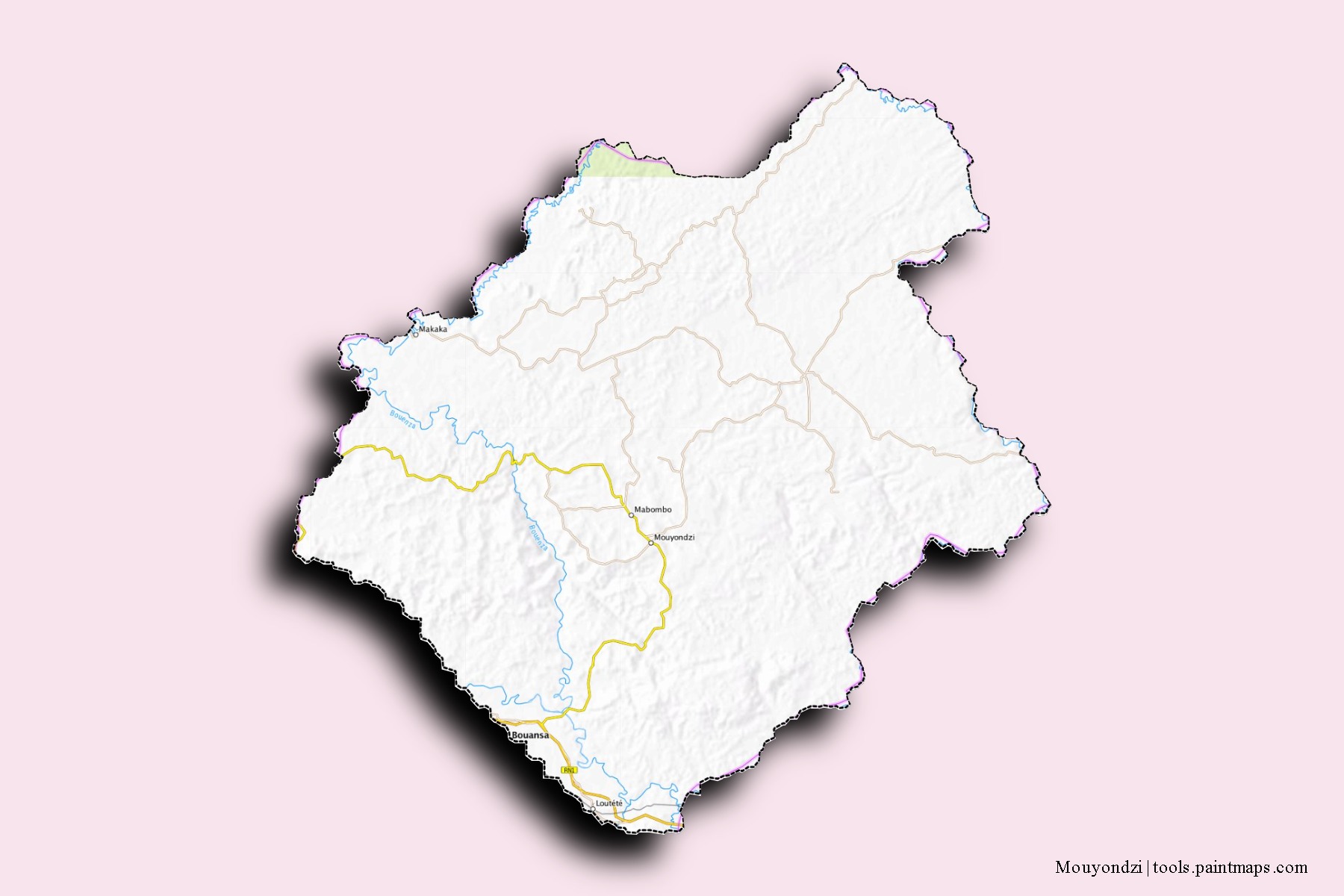 Mapa de barrios y pueblos de Mouyondzi con efecto de sombra 3D