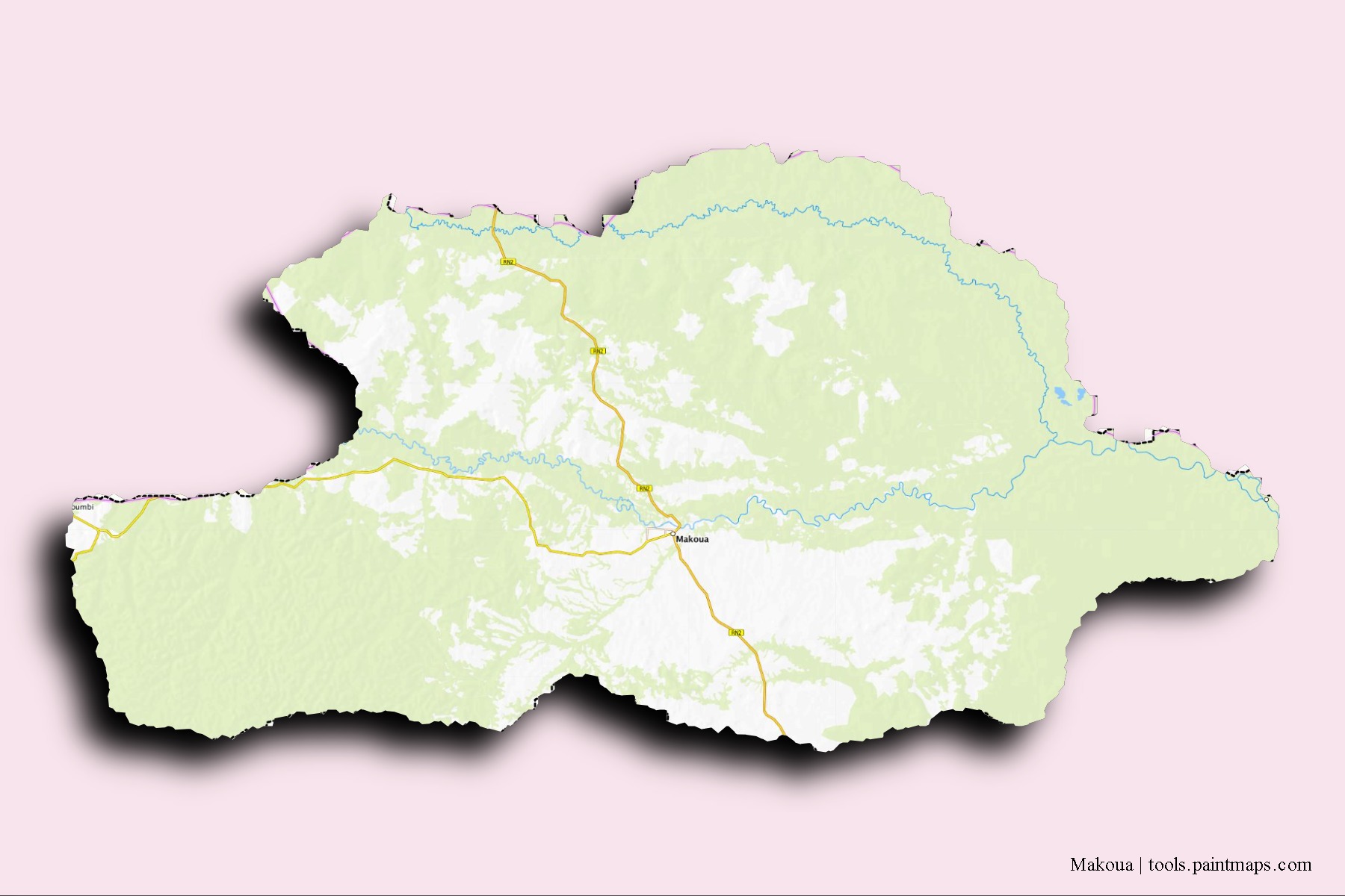 Mapa de barrios y pueblos de Makoua con efecto de sombra 3D