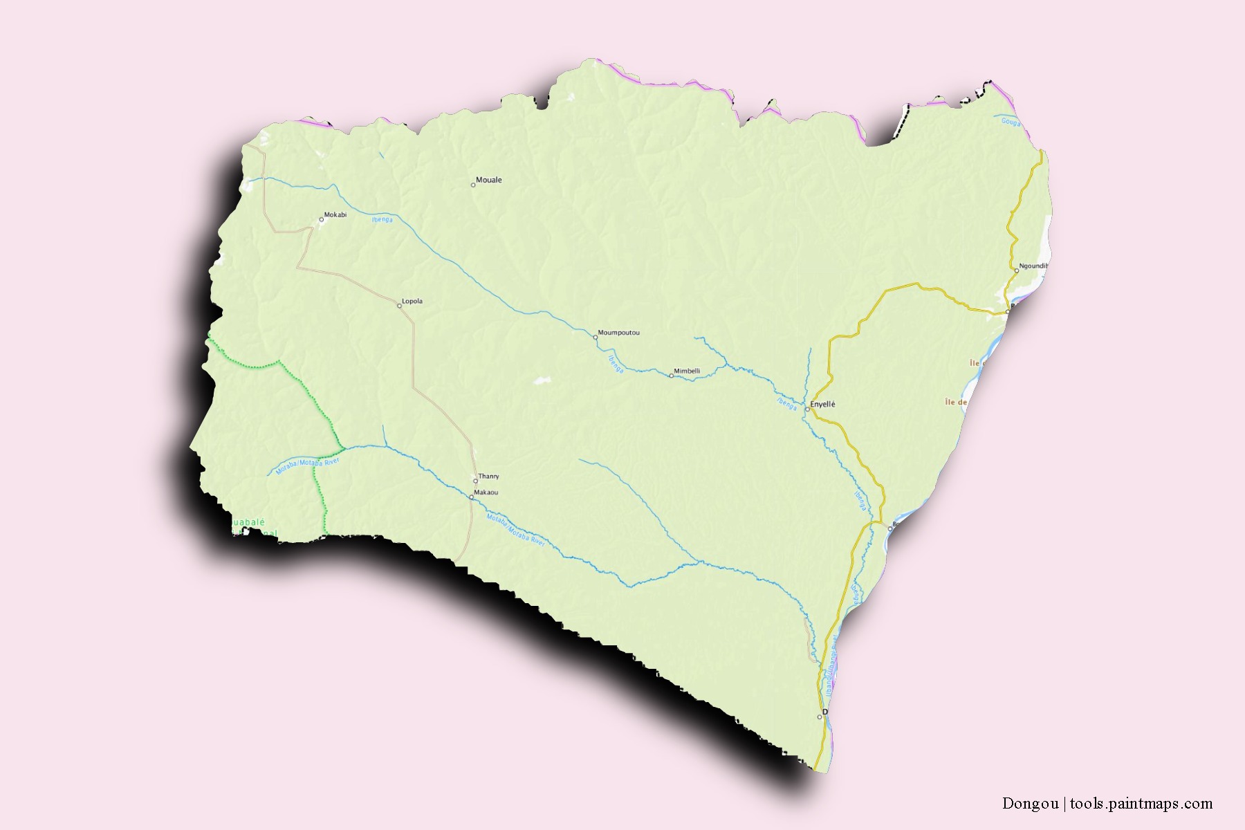 Mapa de barrios y pueblos de Dongou con efecto de sombra 3D