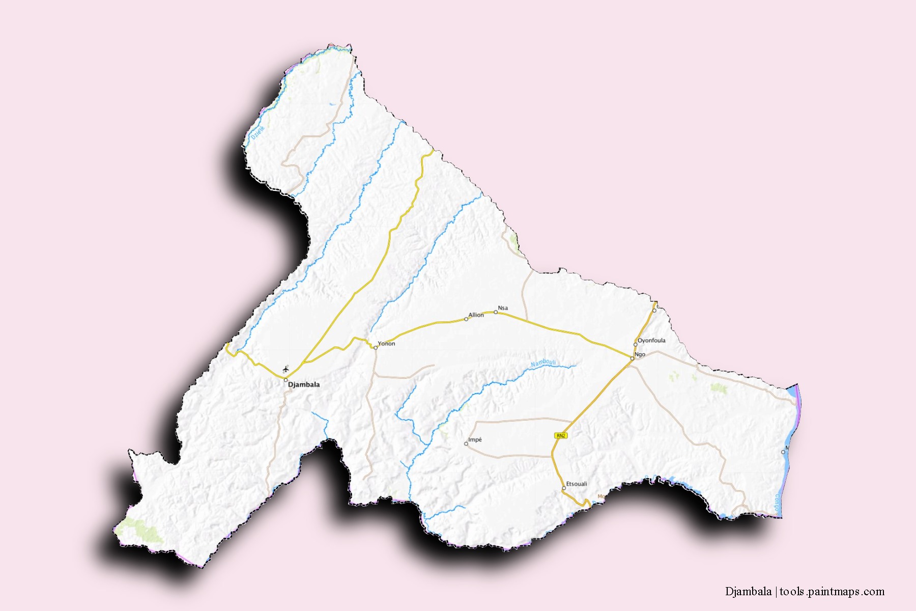 Mapa de barrios y pueblos de Djambala con efecto de sombra 3D