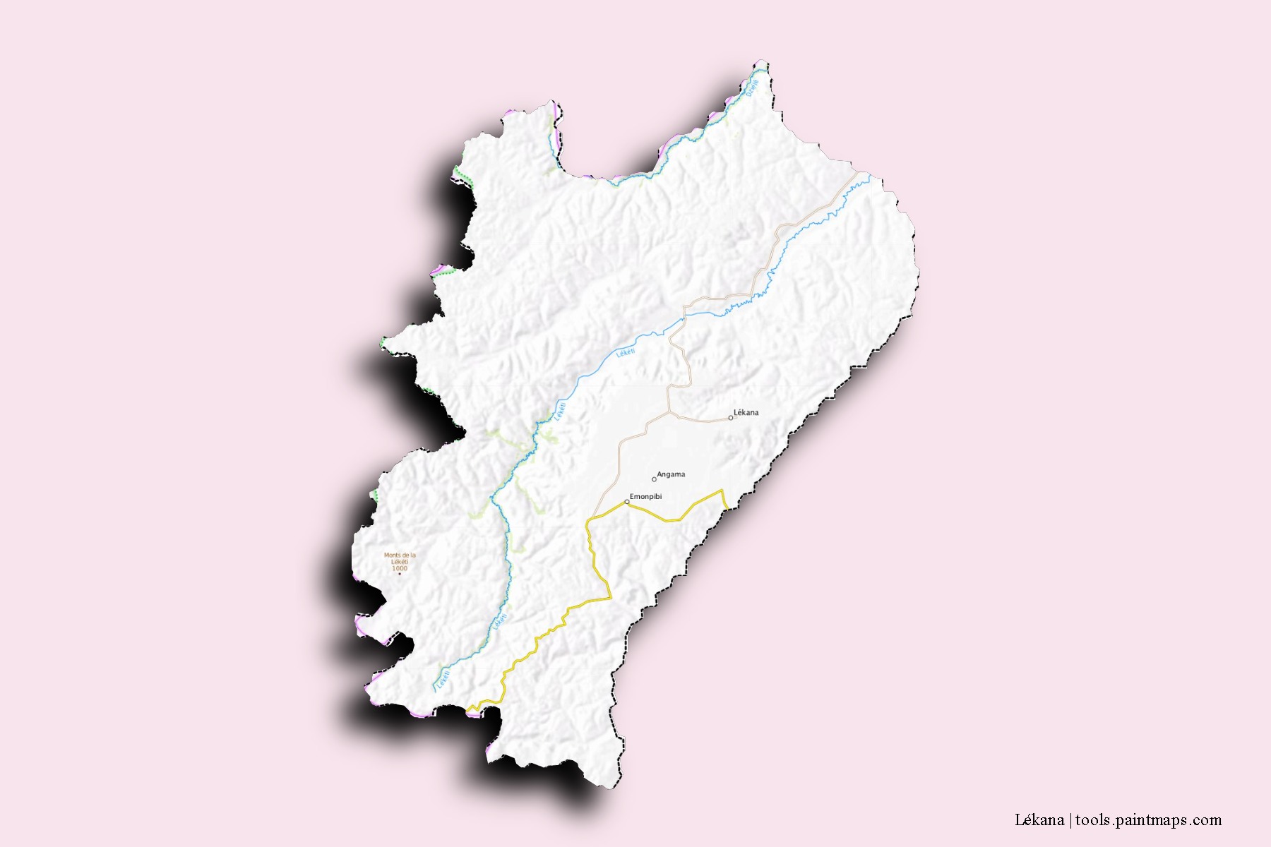 Mapa de barrios y pueblos de Lékana con efecto de sombra 3D