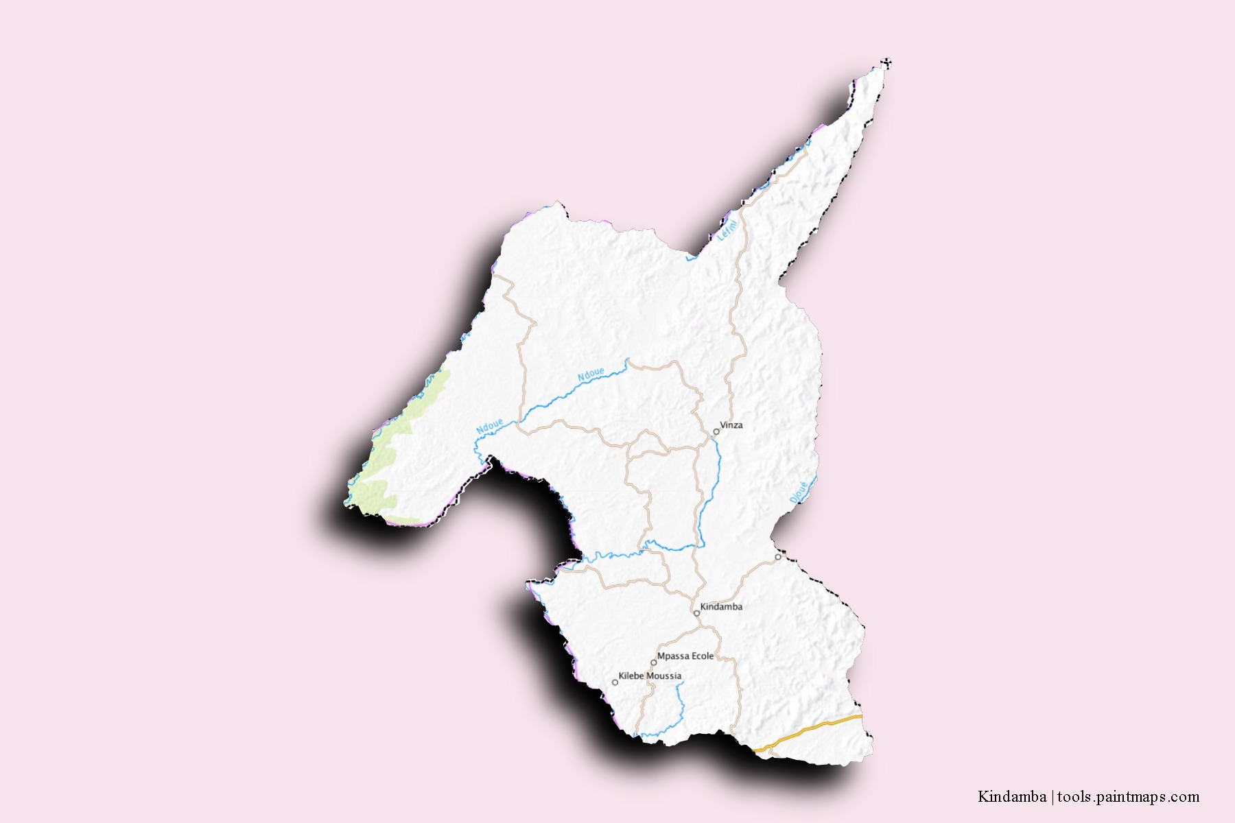 Mapa de barrios y pueblos de Kindamba con efecto de sombra 3D