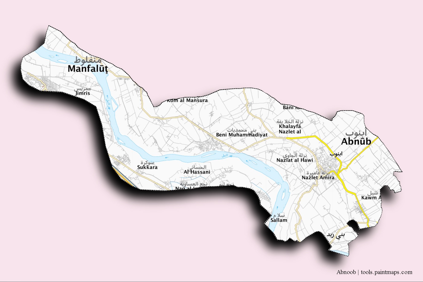 Mapa de barrios y pueblos de Abnoob con efecto de sombra 3D