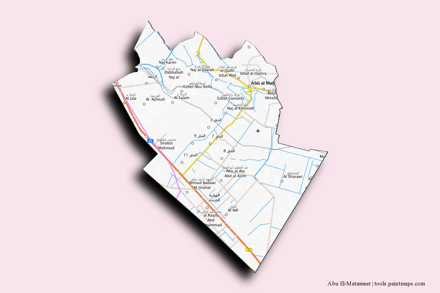 Mapa de barrios y pueblos de Abu El-Matameer con efecto de sombra 3D