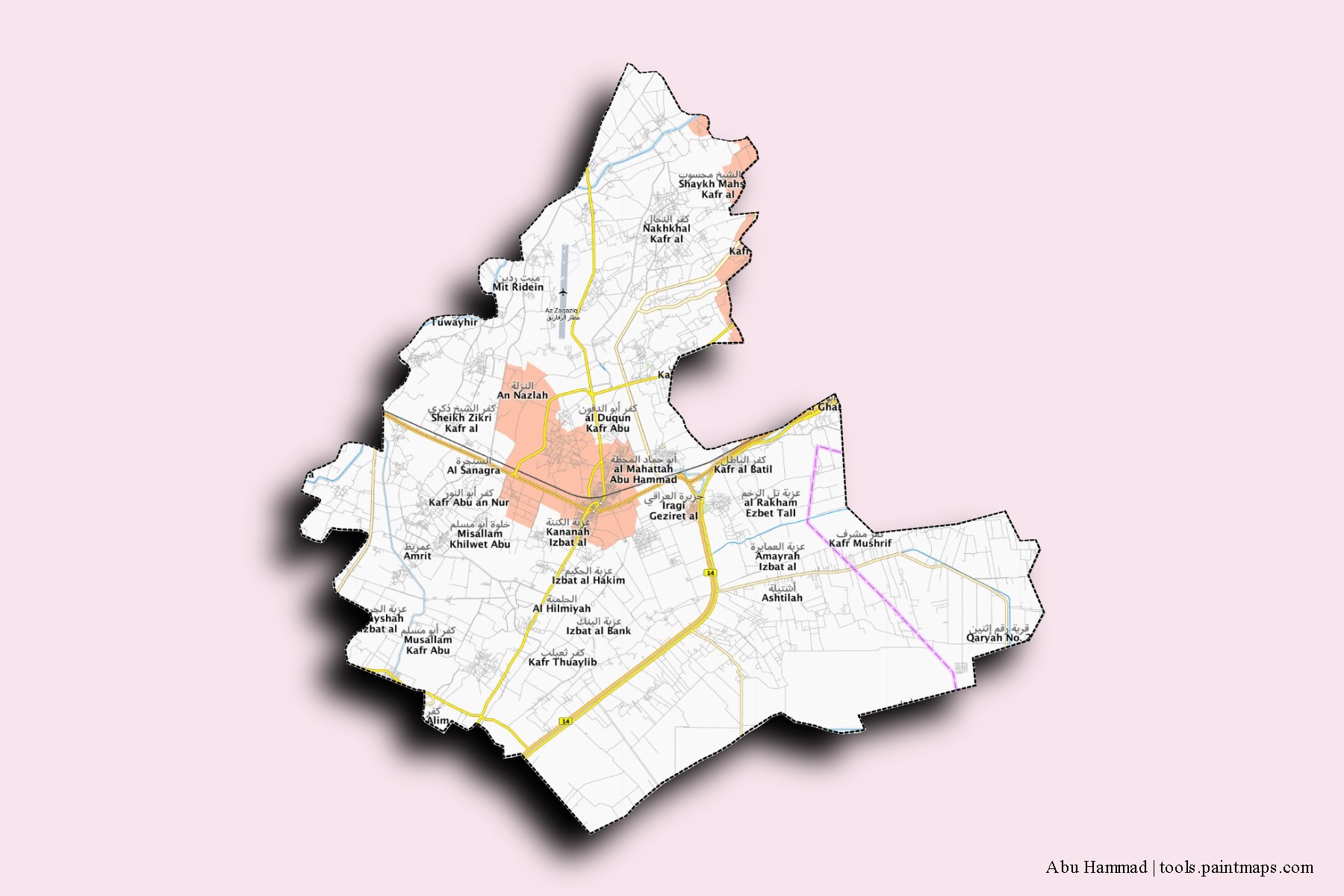 3D gölge efektli Abu Hammad mahalleleri ve köyleri haritası