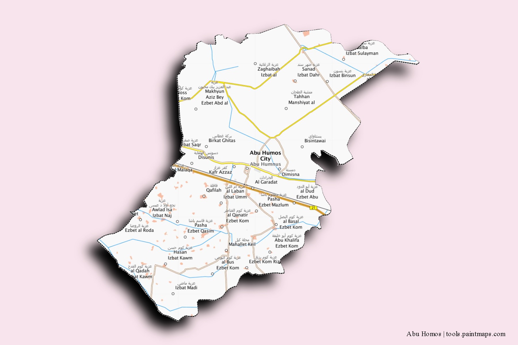 3D gölge efektli Abu Homos mahalleleri ve köyleri haritası