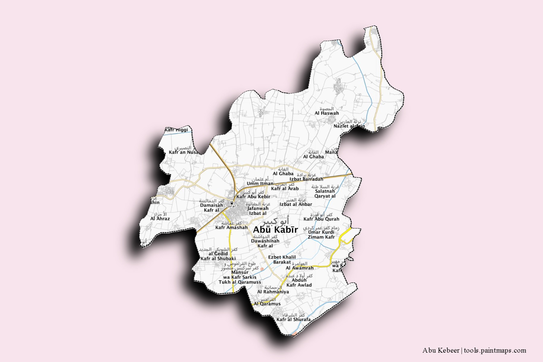 Mapa de barrios y pueblos de Abu Kebeer con efecto de sombra 3D