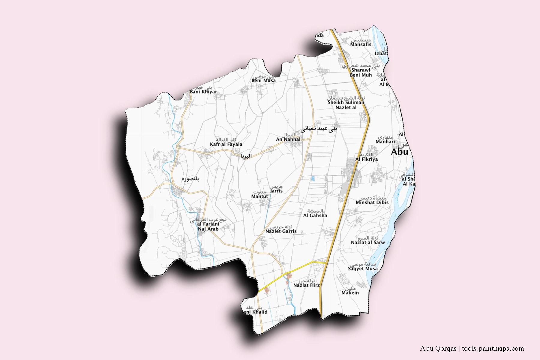 Mapa de barrios y pueblos de Abu Qorqas con efecto de sombra 3D