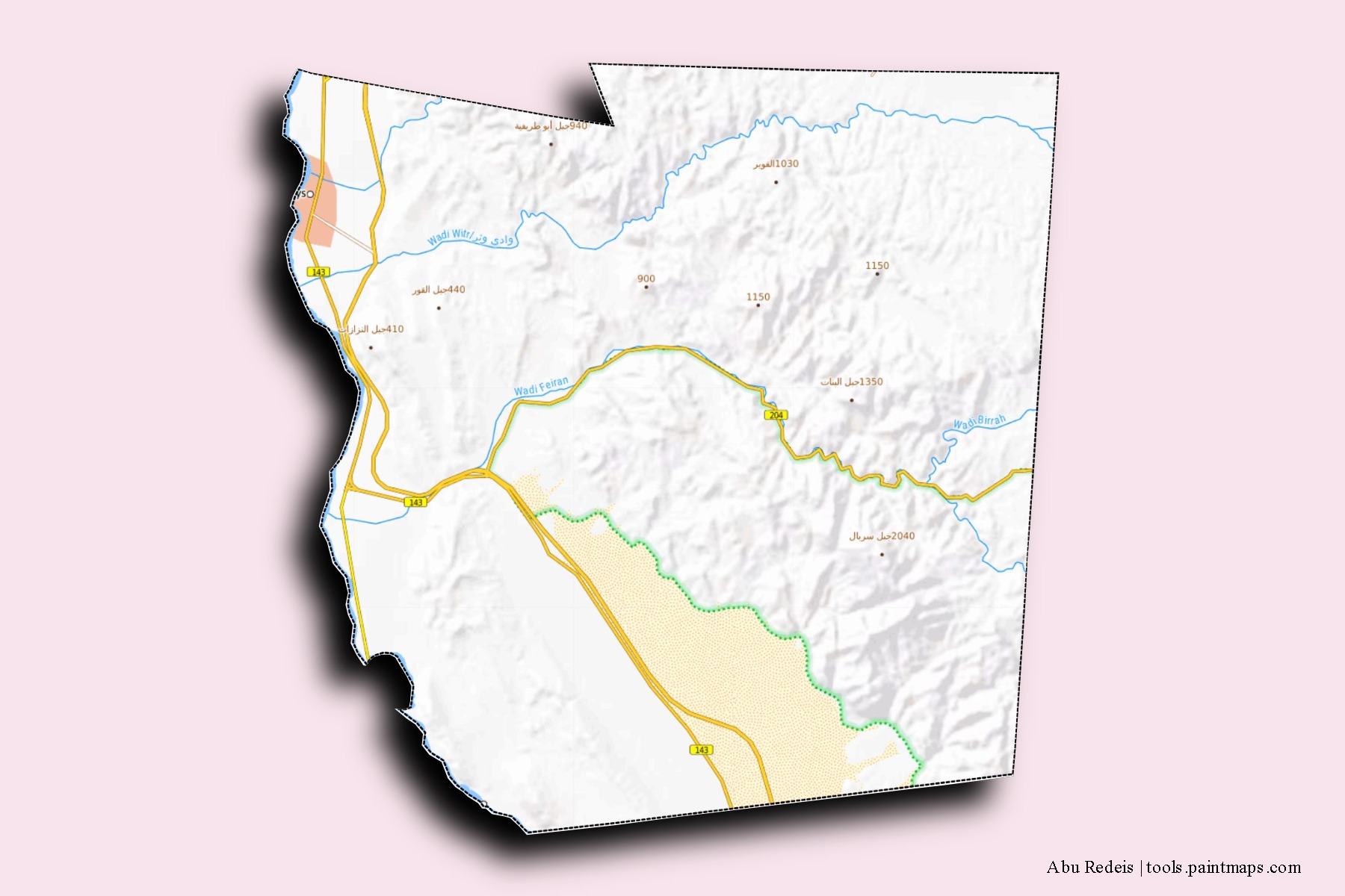 Mapa de barrios y pueblos de Abu Redeis con efecto de sombra 3D