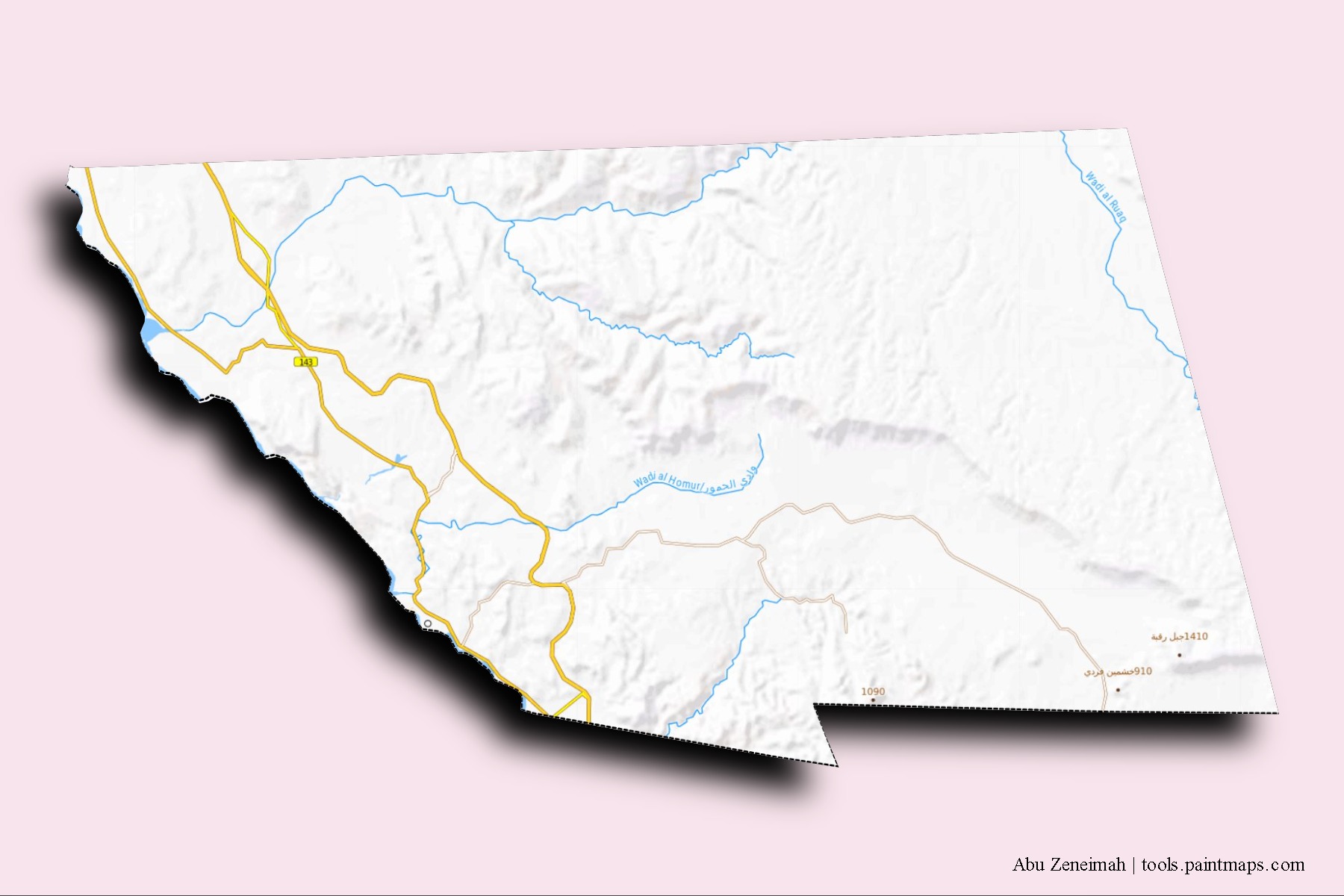 Mapa de barrios y pueblos de Abu Zeneimah con efecto de sombra 3D