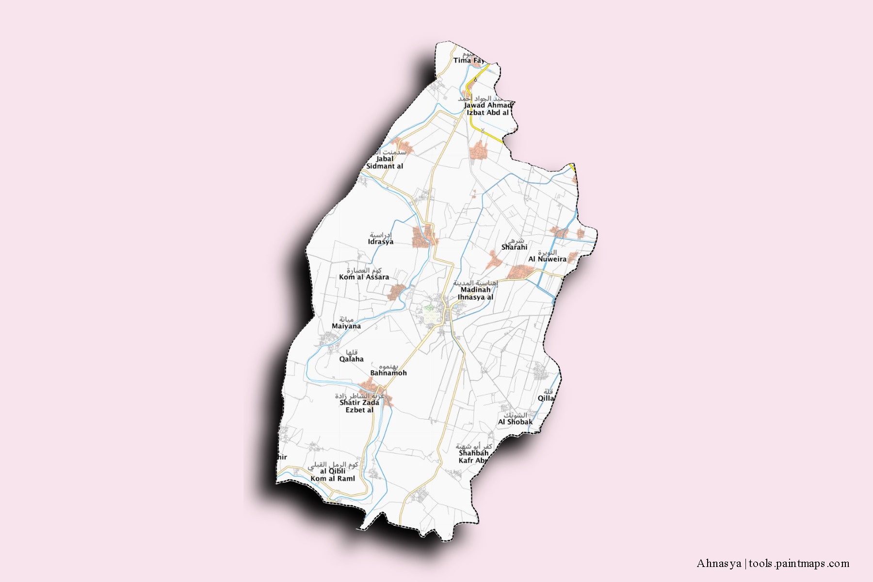 Mapa de barrios y pueblos de Ahnasya con efecto de sombra 3D