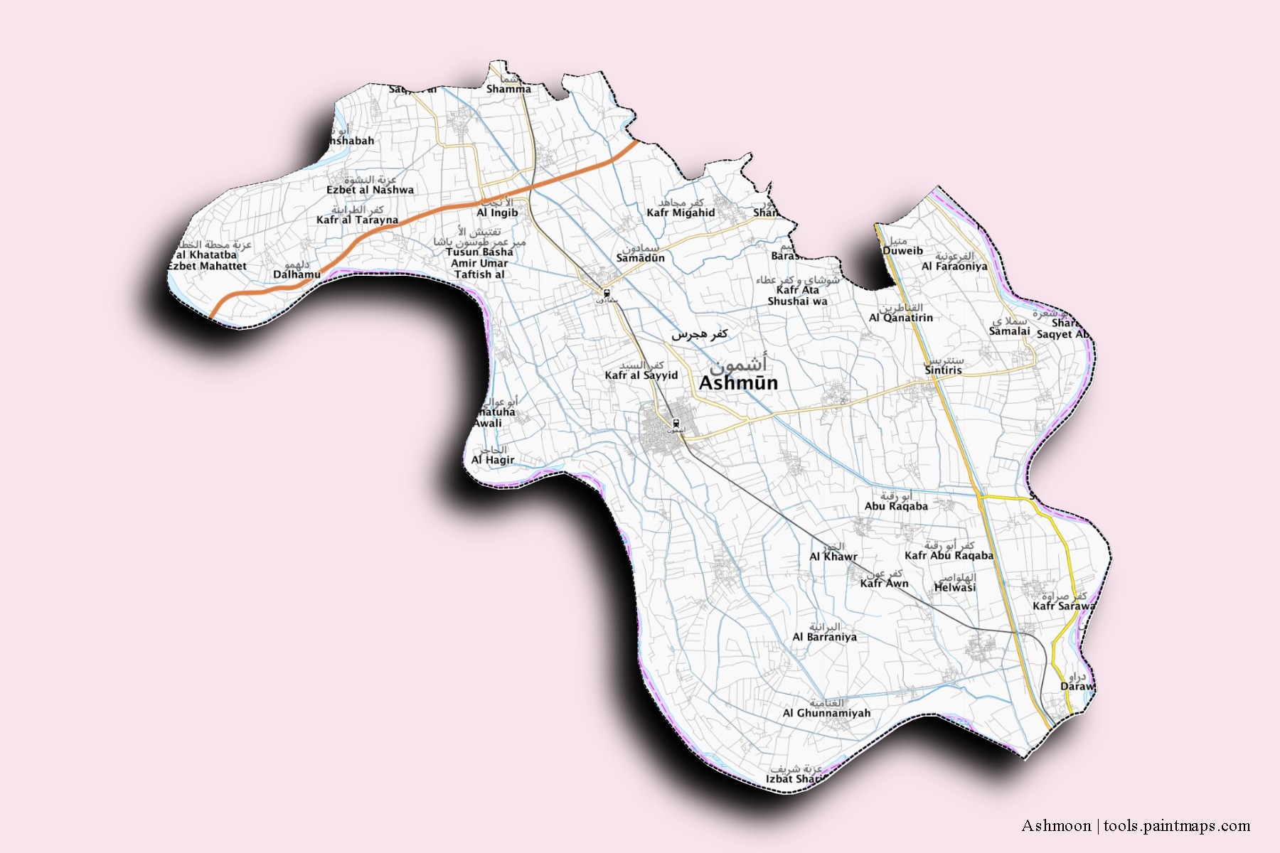 Mapa de barrios y pueblos de Ashmoon con efecto de sombra 3D