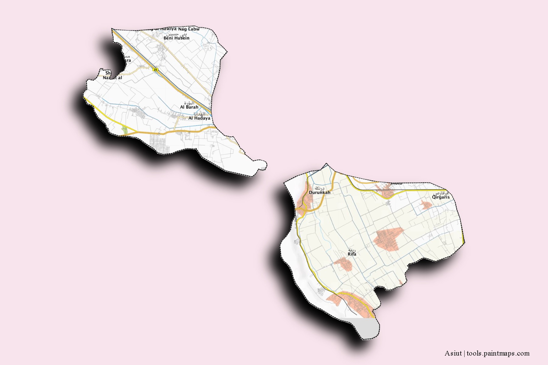 Mapa de barrios y pueblos de Asiut con efecto de sombra 3D