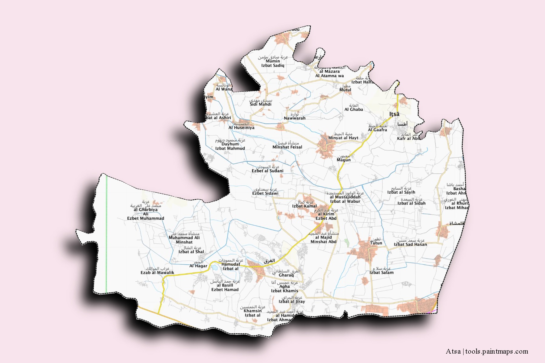 Mapa de barrios y pueblos de Atsa con efecto de sombra 3D