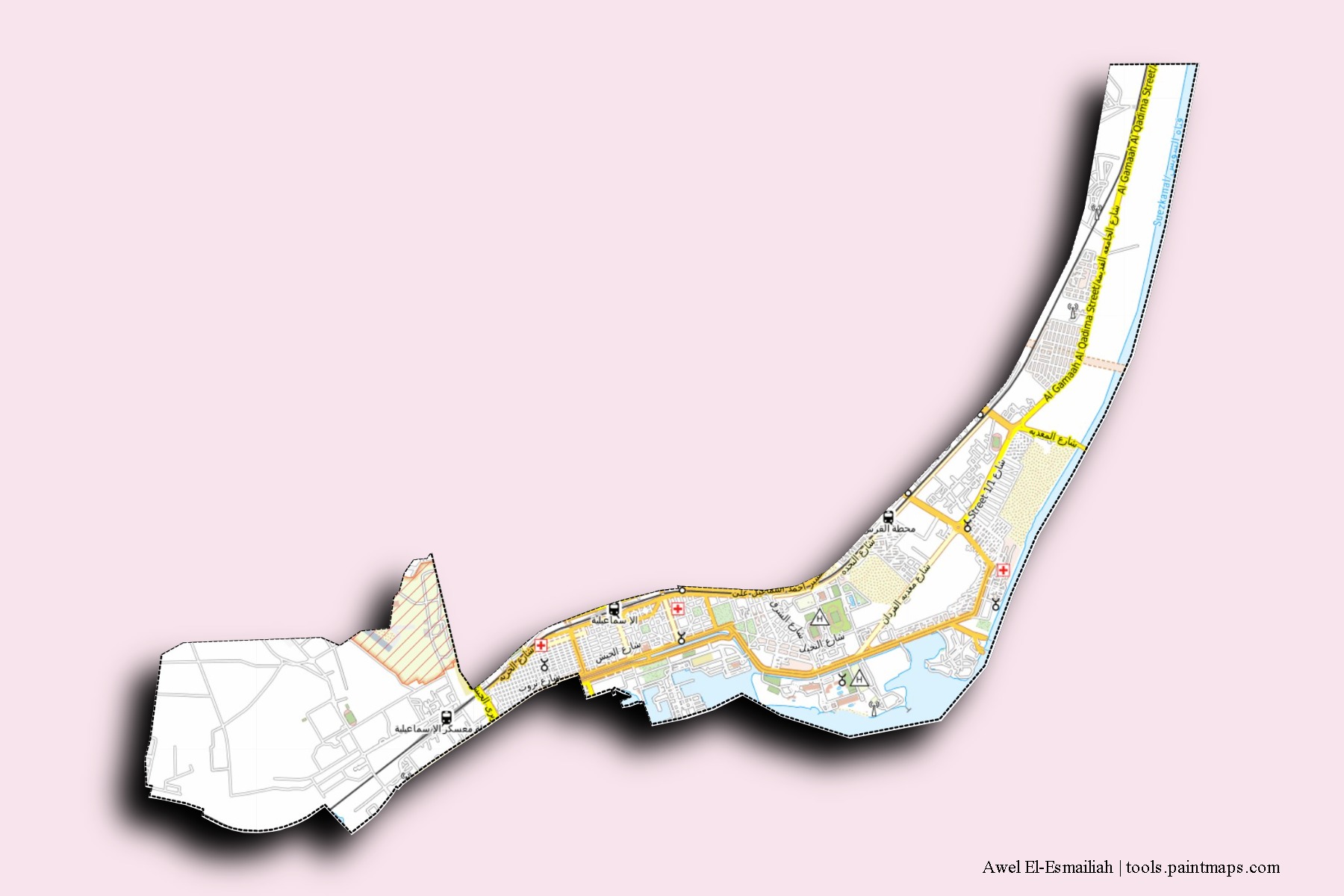 Awel El-Esmailiah neighborhoods and villages map with 3D shadow effect