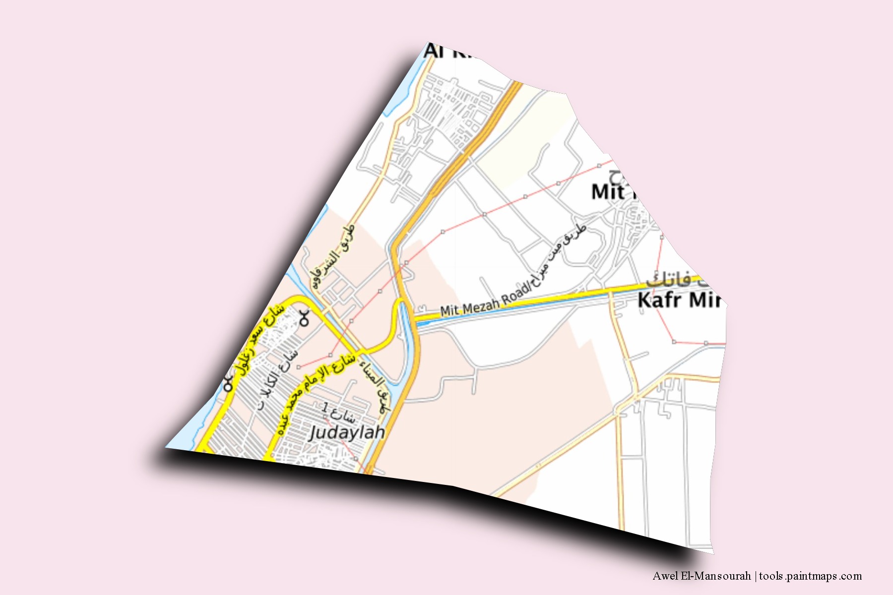 Mapa de barrios y pueblos de Awel El-Mansourah con efecto de sombra 3D