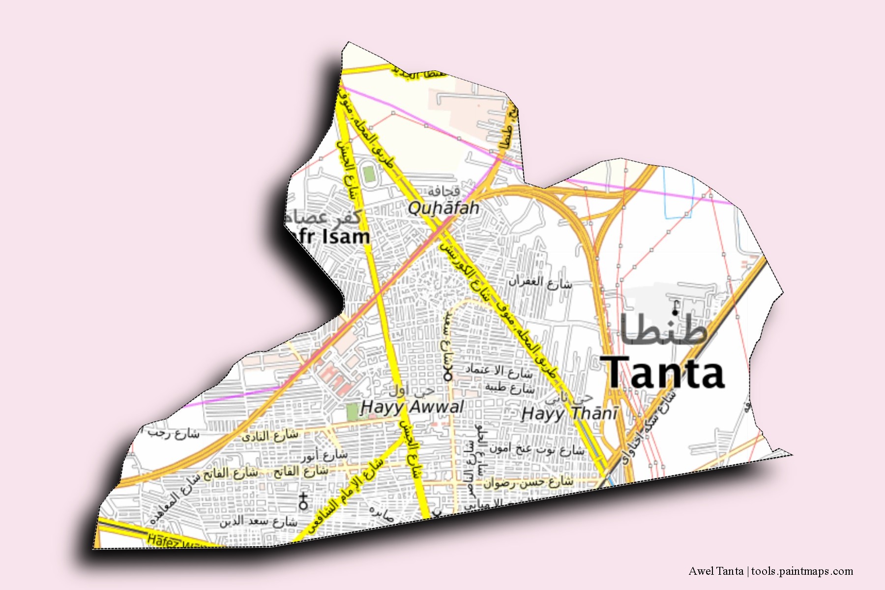 Mapa de barrios y pueblos de Awel Tanta con efecto de sombra 3D