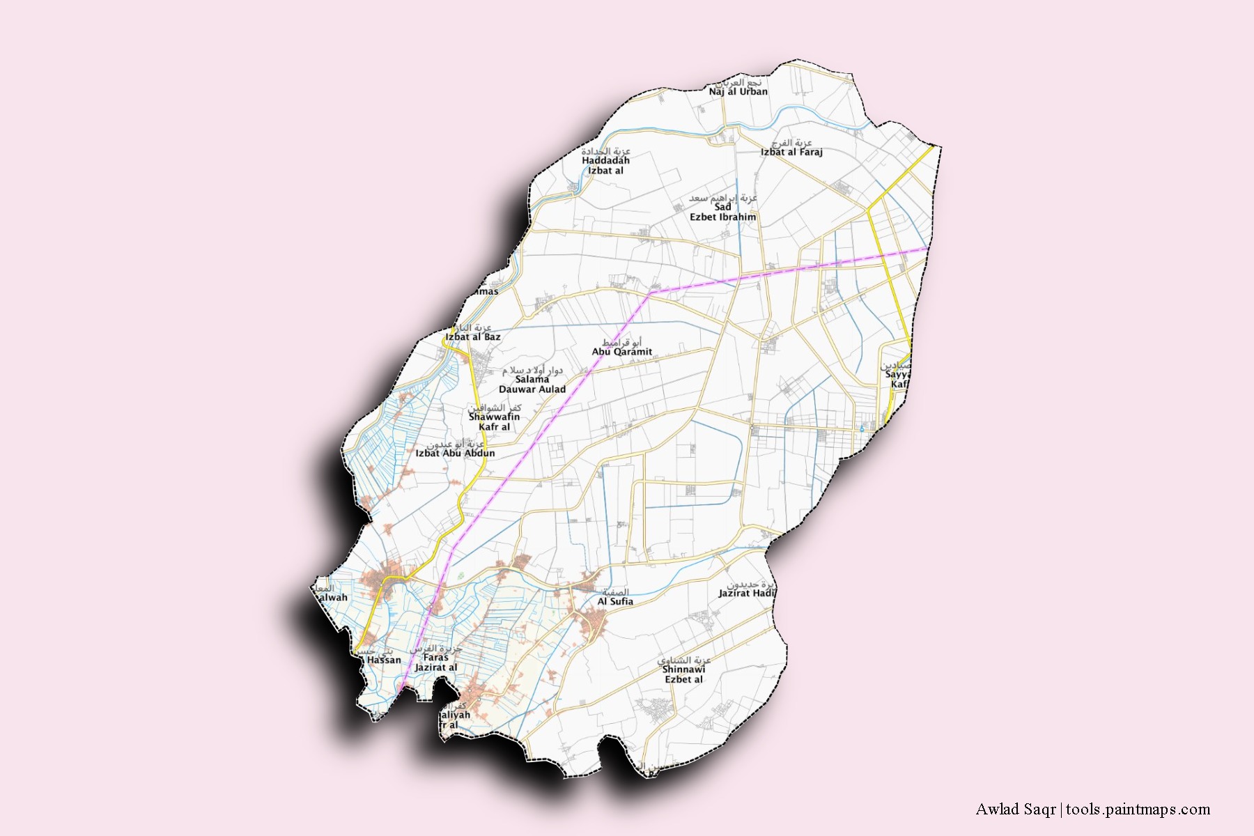 Mapa de barrios y pueblos de Awlad Saqr con efecto de sombra 3D